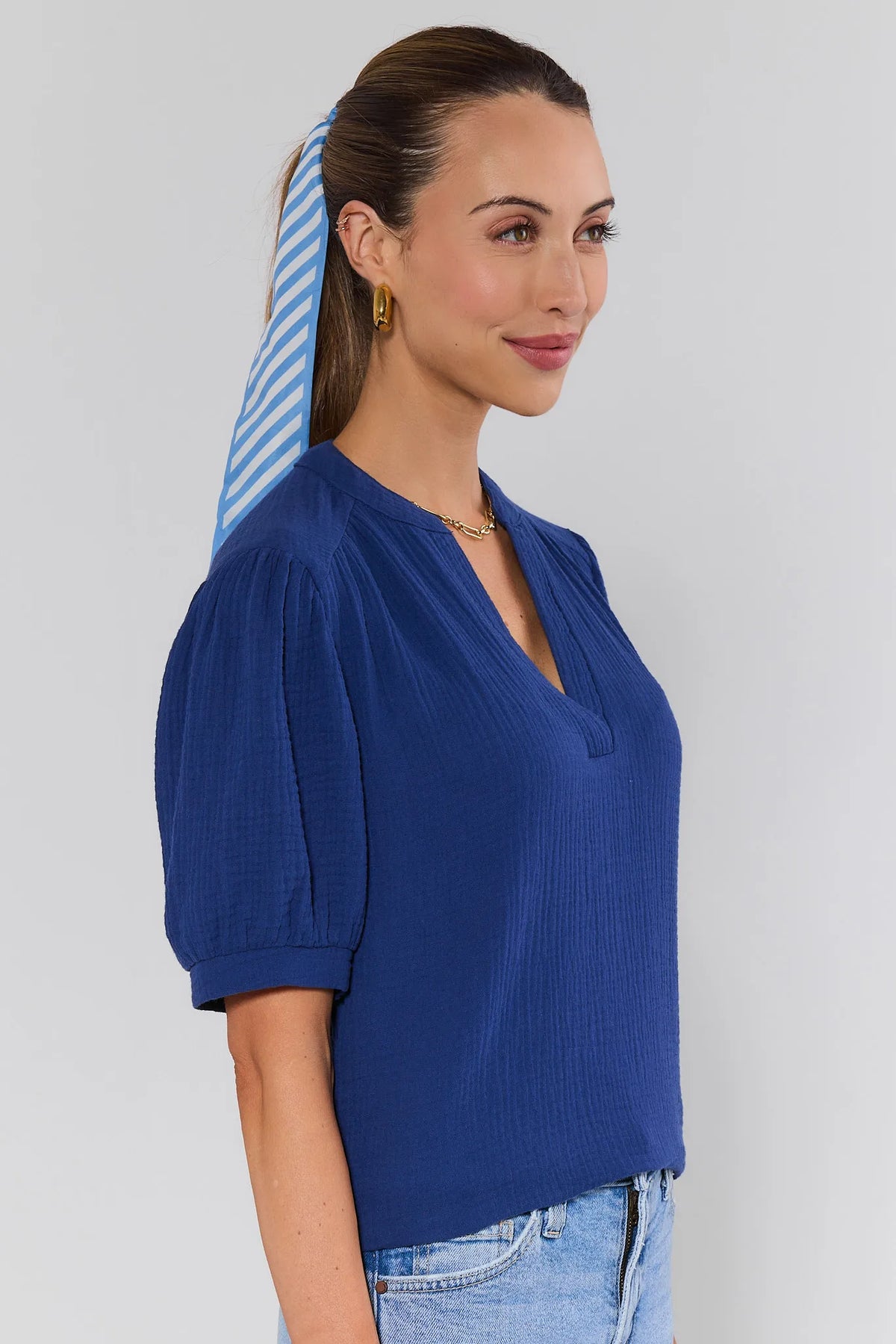Tammy Navy Puff Sleeve Gauze Top - Side Profile View showing relaxed fit and gathered sleeve | Avara
