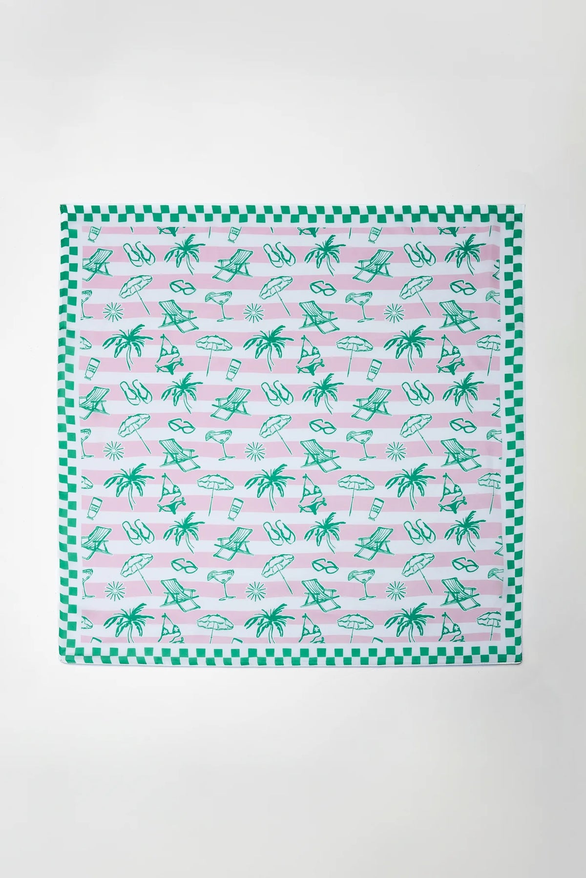 Pink stripe patterned scarf with green tropical print and checker border - Flat Lay | Avara