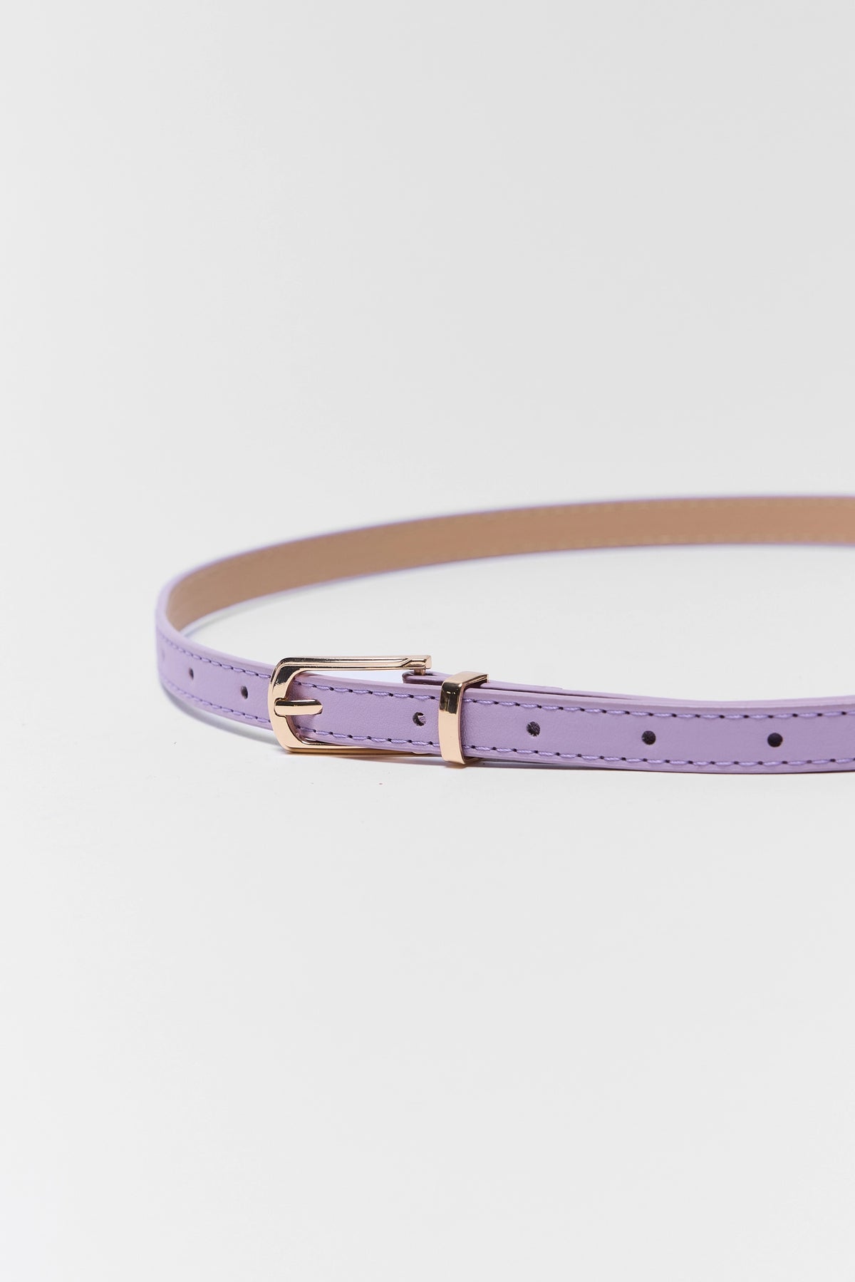 Lavender faux leather skinny belt gold buckle and keeper hardware - Close-Up Detail | Avara