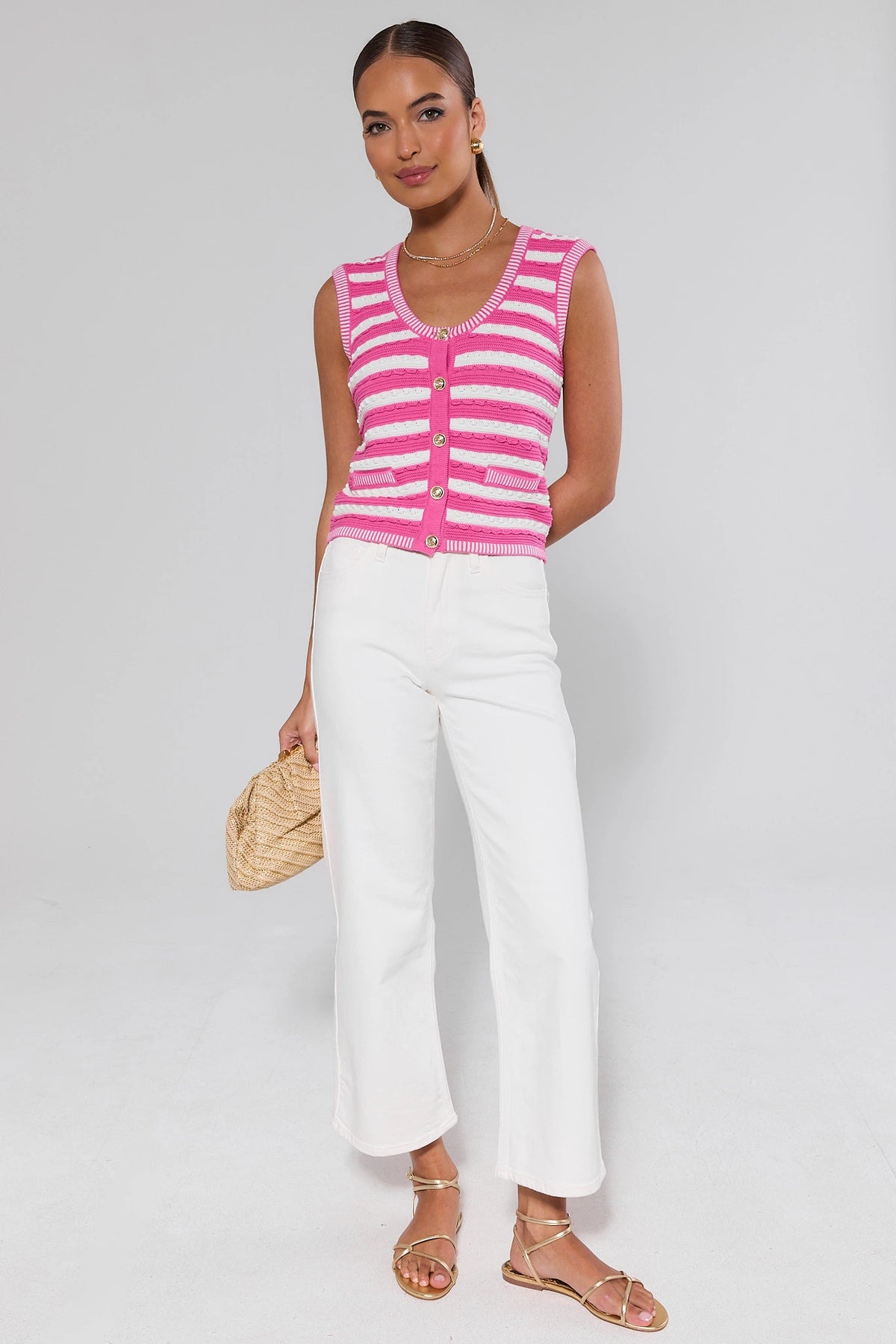 White Wide Leg Jeans styled with pink striped knit vest and gold sandals - Full Length Look | Avara