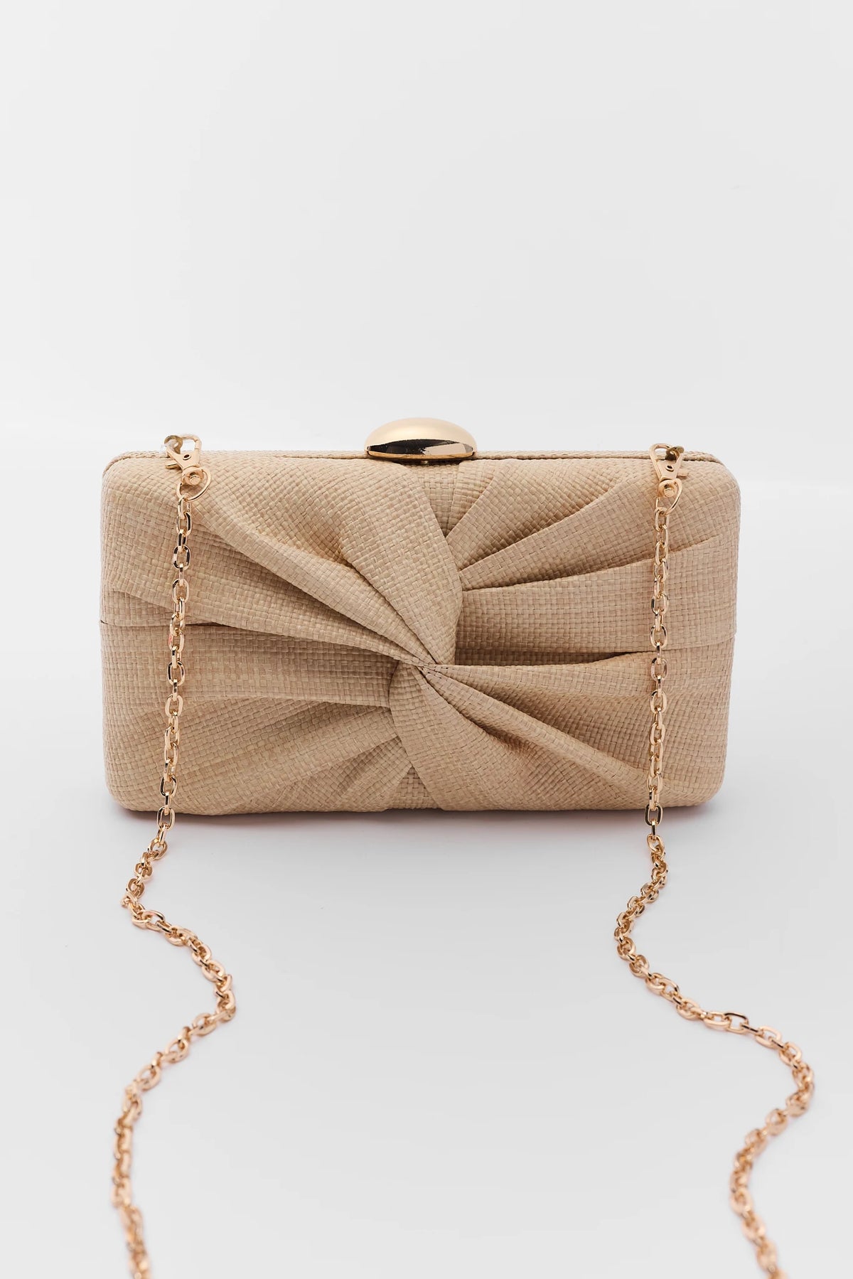 Tan Woven Knot Clutch with Gold Chain and Hinge Closure - Front View | Avara