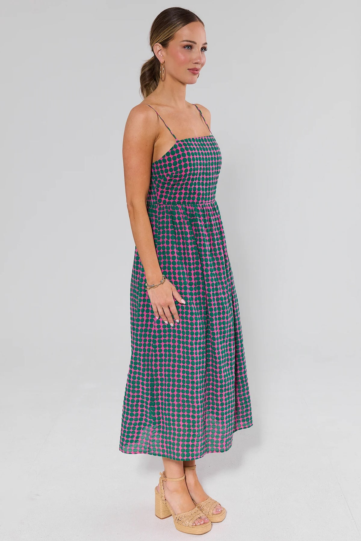 Pink and green polka dot maxi dress with smocked back detail - Side View | Avara