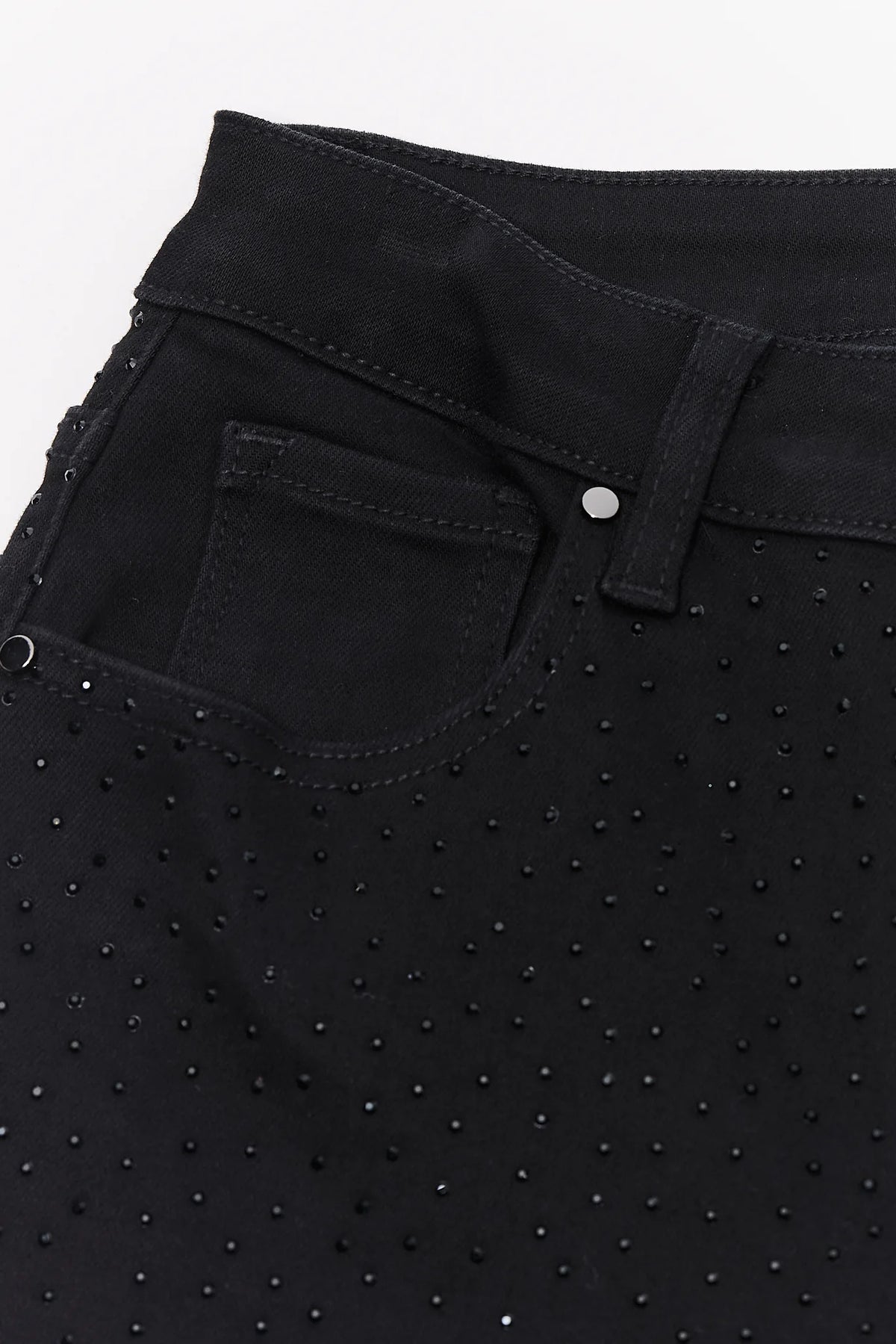 Carrie Black Rhinestone Jeans front waist flat lay close-up showing allover sparkle and silver rivet detail | Avara