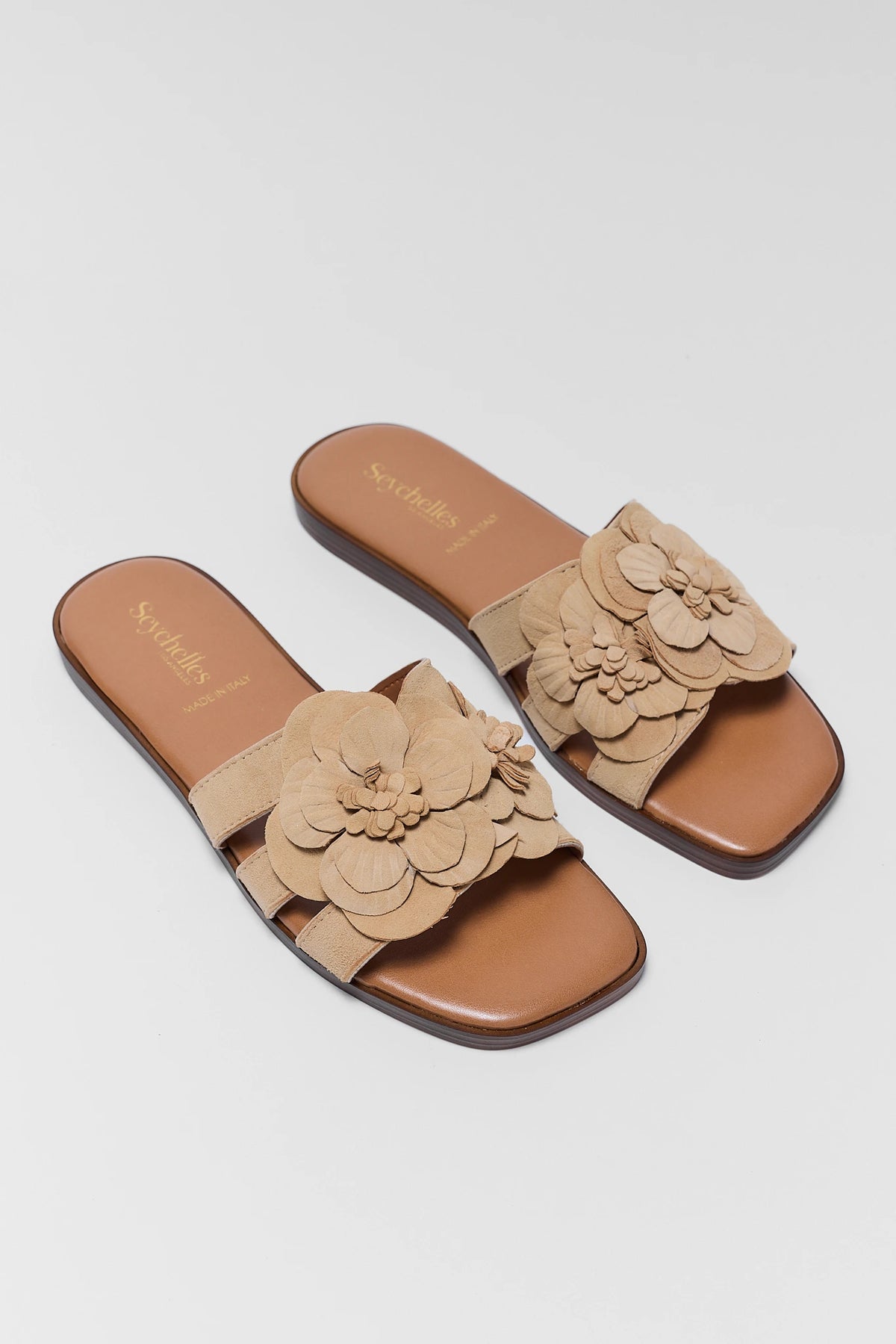 Tan suede floral slide sandals, overhead flat lay pair view - Morning Dew by Seychelles | Avara