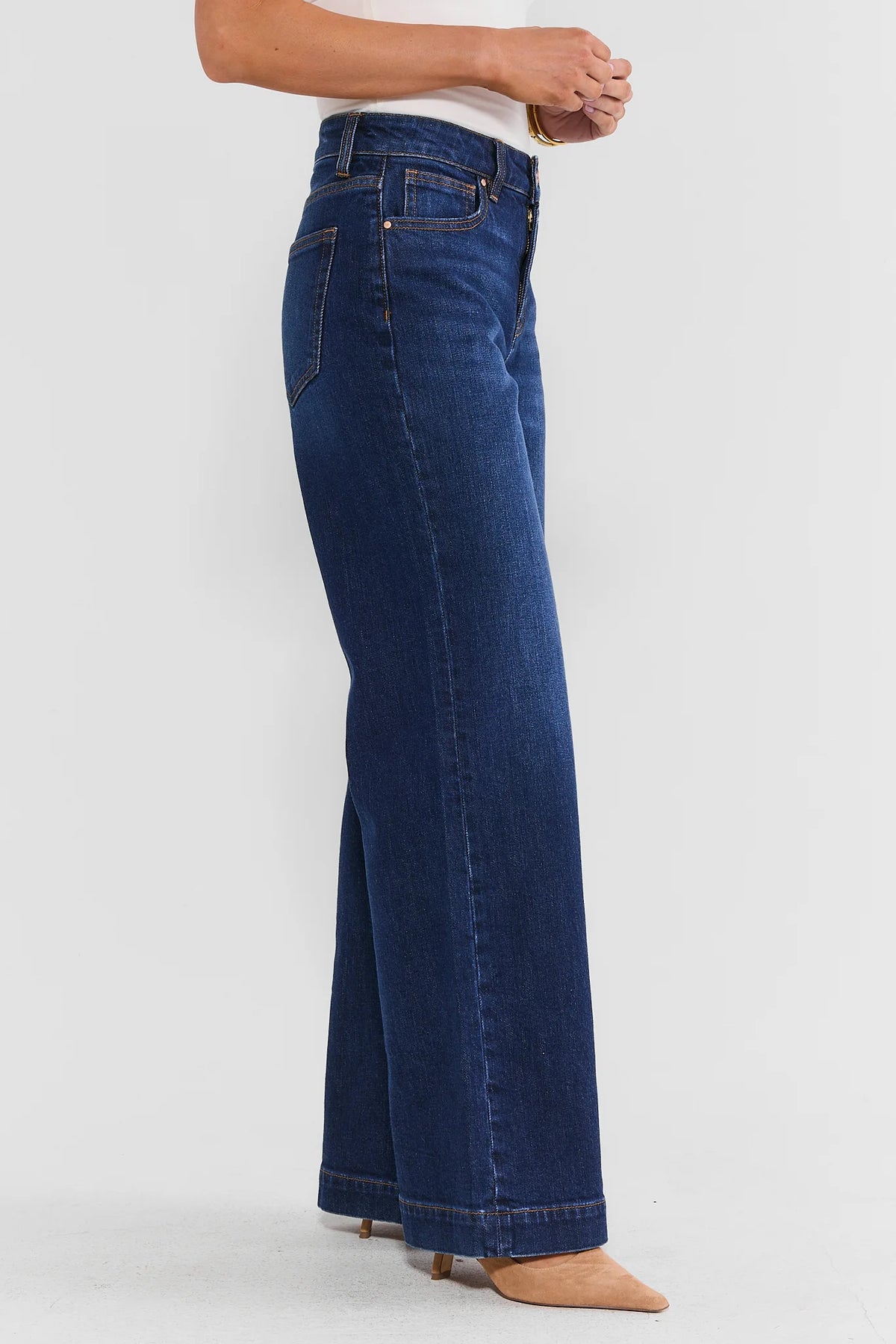 Dark Wash High-Rise Wide Leg Jeans - Side Profile On Model Showing Full Length Silhouette | Avara