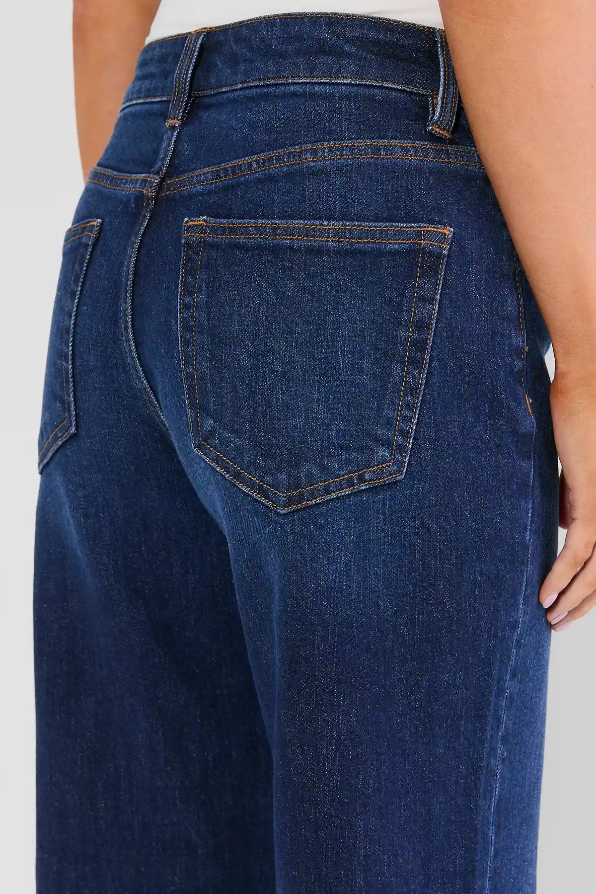 Dark Wash Wide Leg Jeans - Back Pocket & High-Rise Waistband Close-Up Detail On Model | Avara