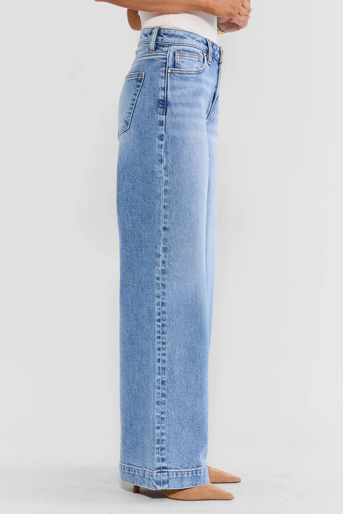 Kayla Medium Wash High Rise Wide Leg Jeans - Side Profile View Showing Leg Width | Avara