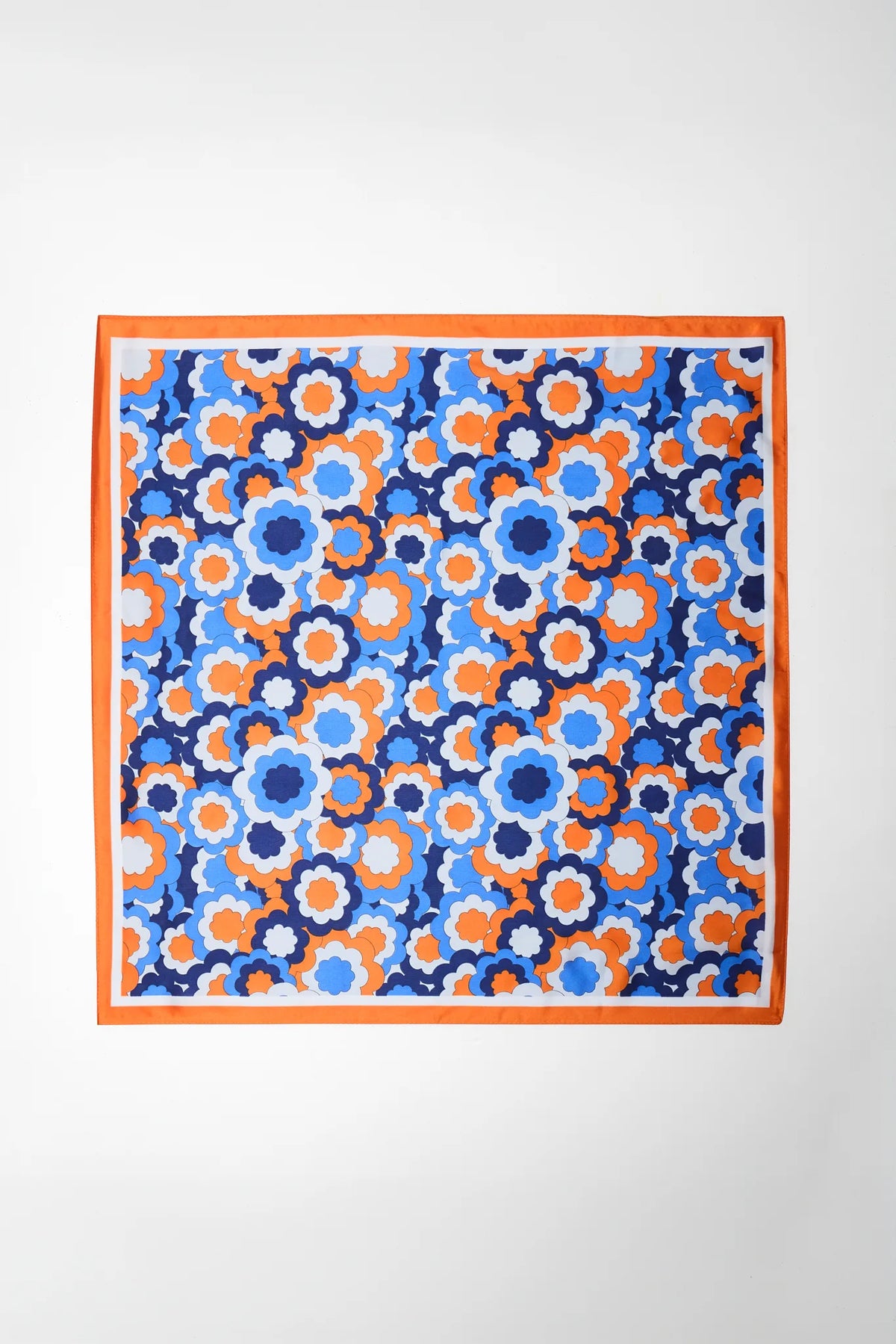 Orange & Blue Retro Floral Print Scarf - Flat Lay, Square Silhouette | Avara