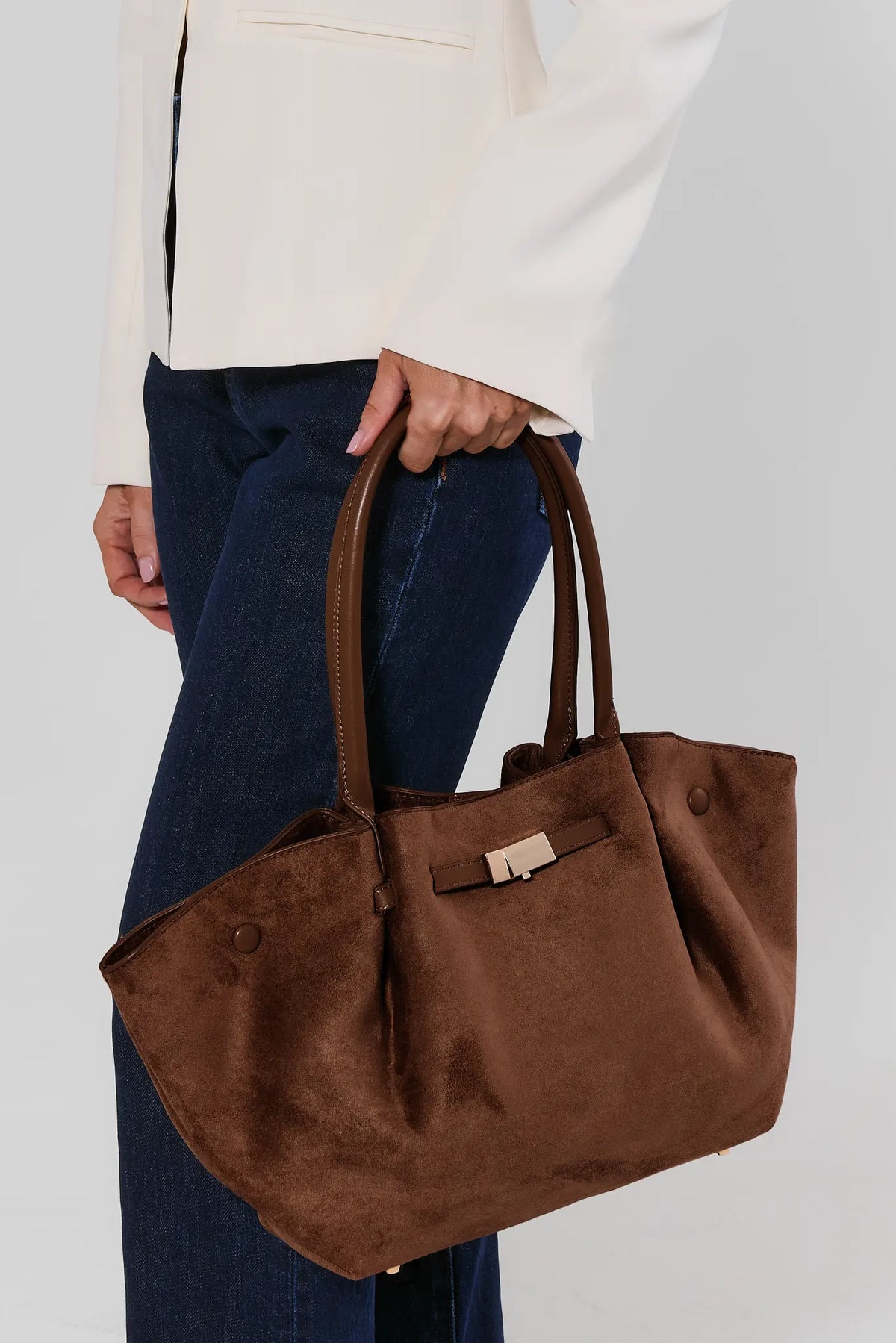 Brown Faux Suede Bag with Gold Hardware - On Model Styled Look | Avara