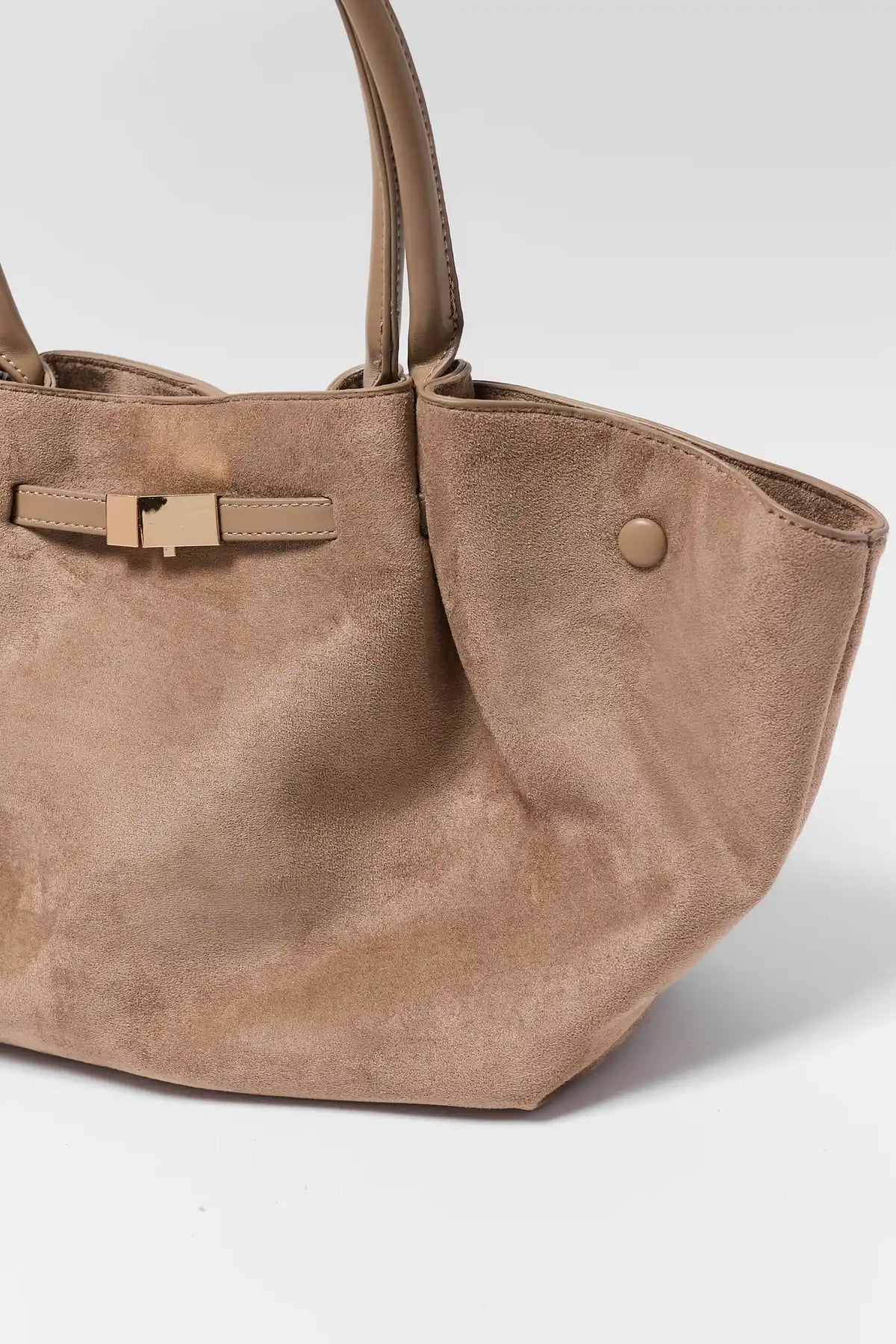 Taupe Faux Suede Bag Gold Clasp and Snap Button Hardware - Close-Up Detail | Avara