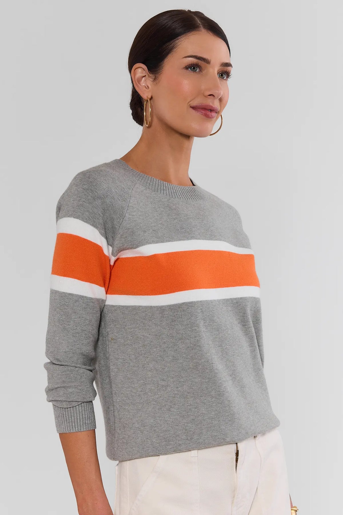 Dylan Orange Stripe Sweater heather gray knit with orange chest stripe - Three-Quarter View | Avara