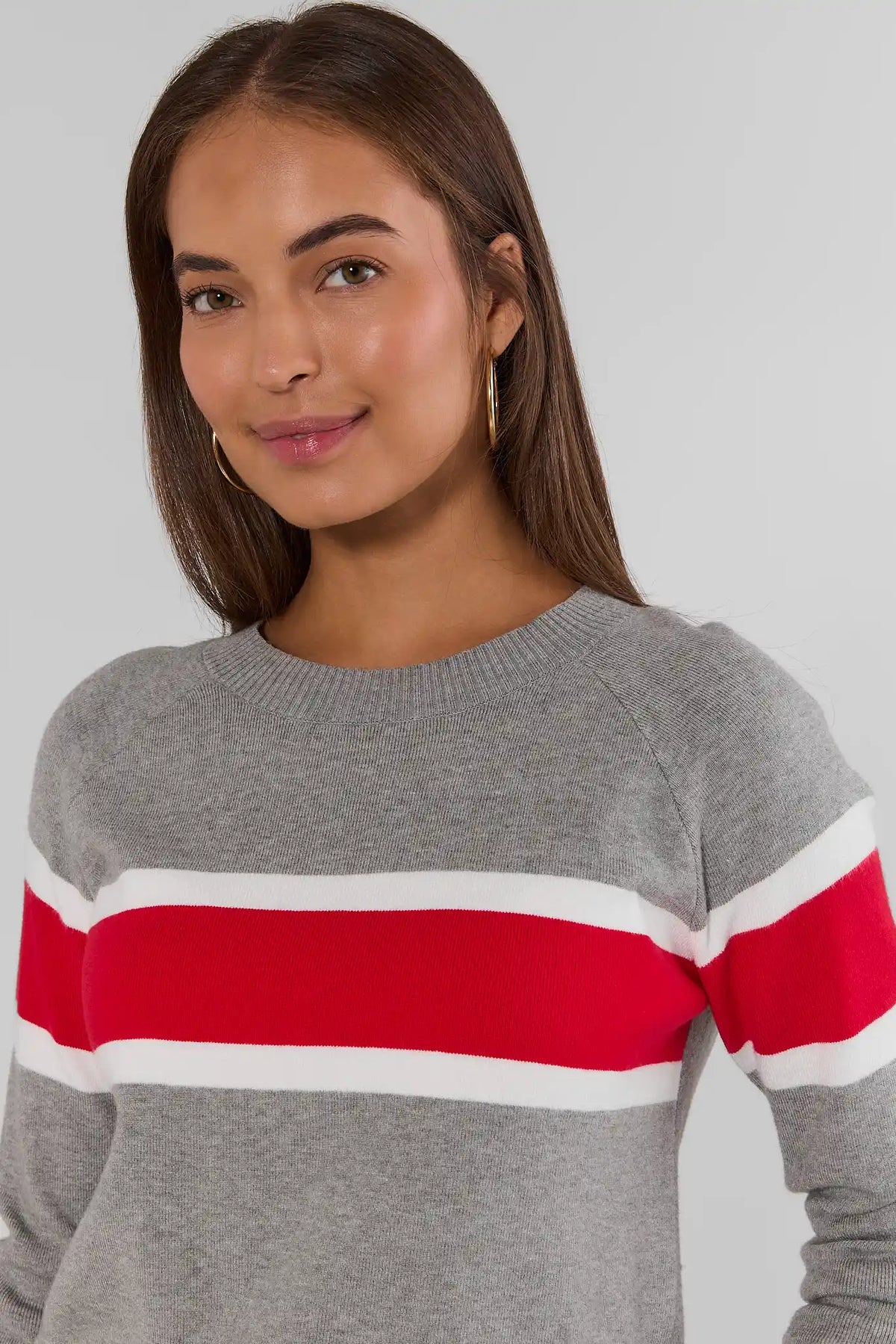 Dylan Red Stripe Sweater close-up neckline detail, heather gray crewneck knit with red and white stripe across chest | Avara