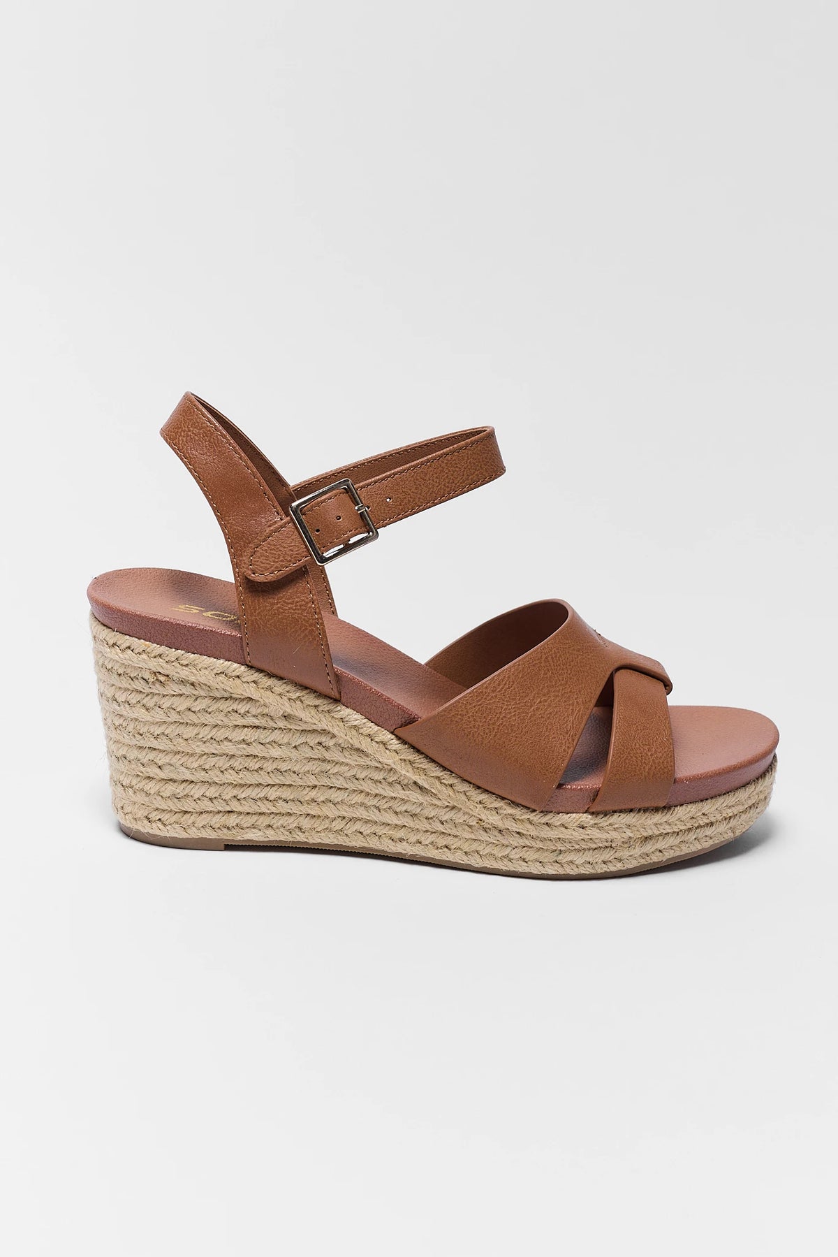Brown faux leather espadrille wedge sandal with ankle strap and jute sole - Side Profile | Avara