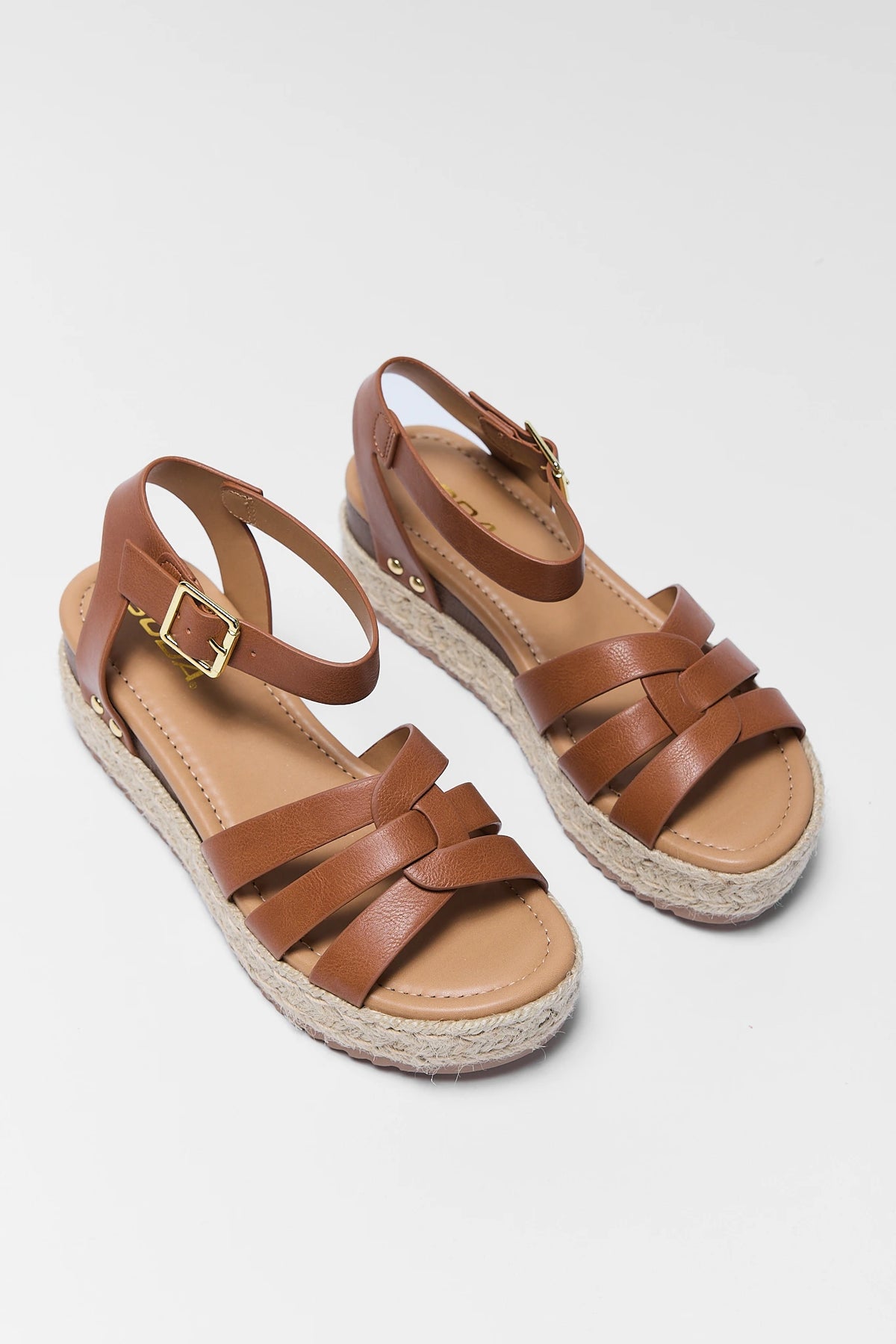 Tan Espadrille Platform Sandals - Angled Pair View with Strappy Toe and Ankle Buckle | Avara
