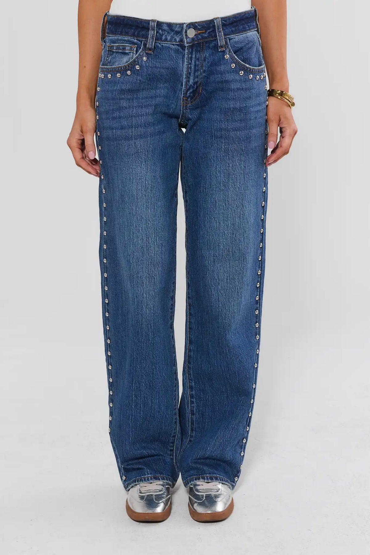 Medium Wash Studded Straight Leg Jeans - Full Length Front View On Model | Avara