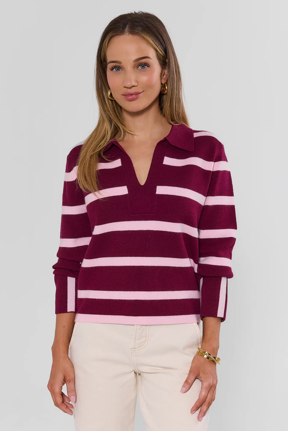 Burgundy Pink Striped Polo Collar Sweater - Front View On Model with White Jeans | Avara