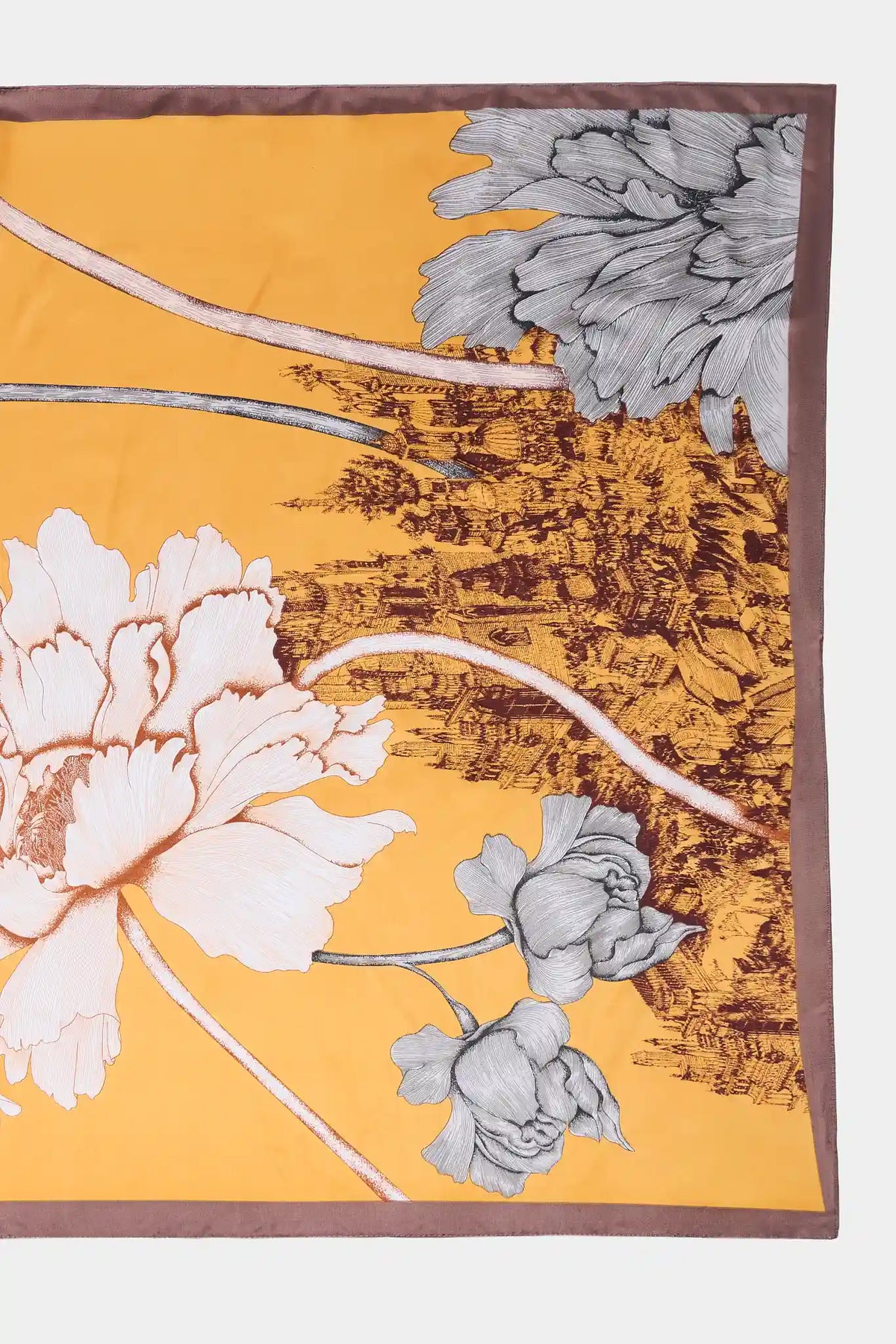 Yellow Floral Satin Wrap - Flat Lay Print Detail, Peony Print with Mauve Border | Avara