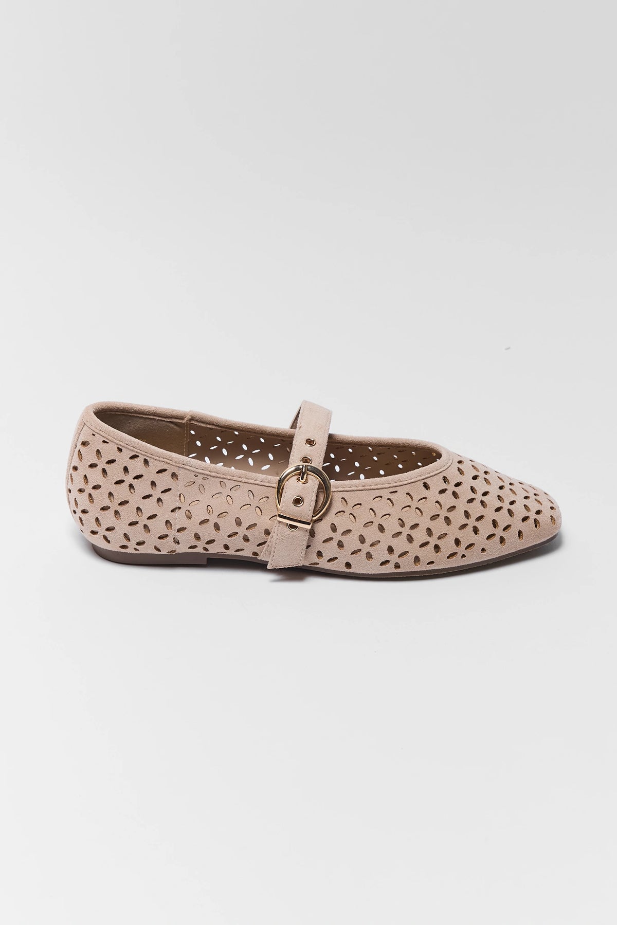 Taupe Faux Suede Ballet Flat with cutout pattern and gold buckle strap - Side Profile | Avara