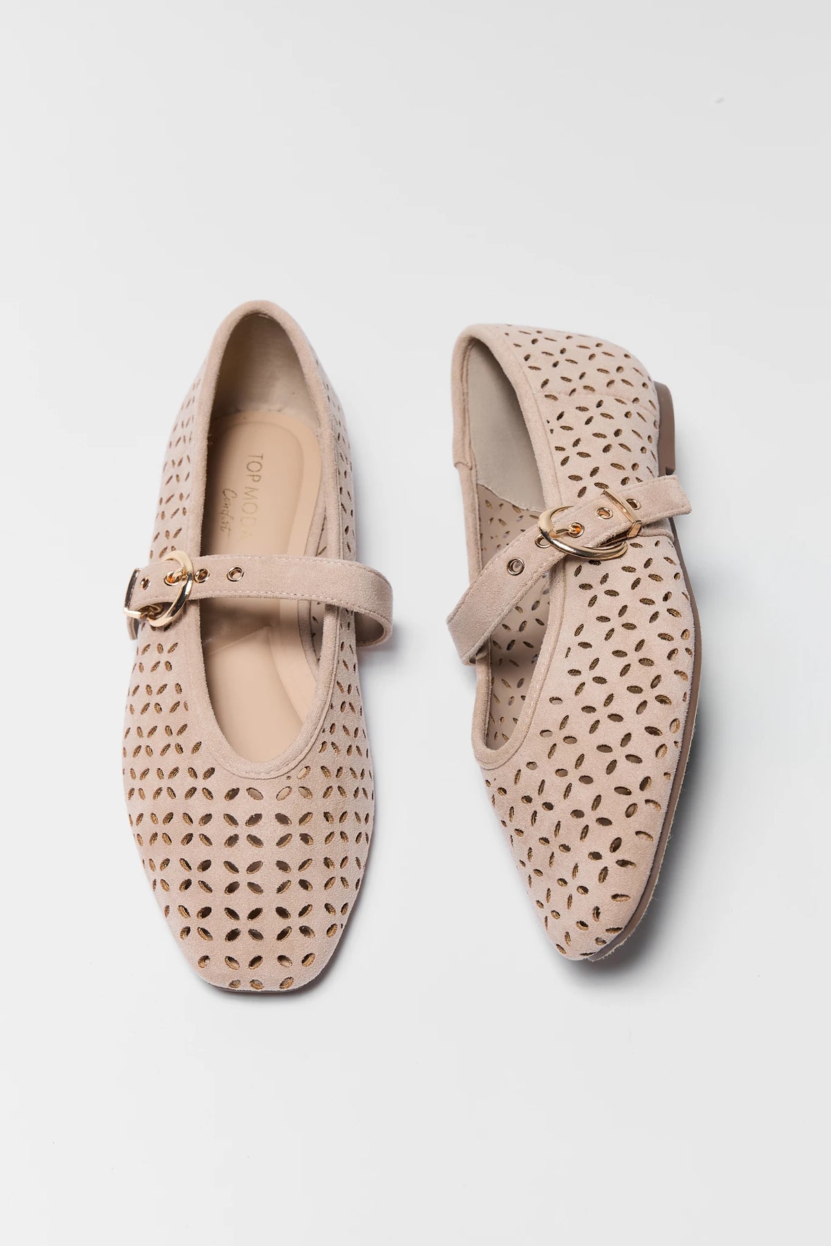 Taupe Faux Suede Ballet Flats with floral cutout detail and gold buckle strap - Top View | Avara