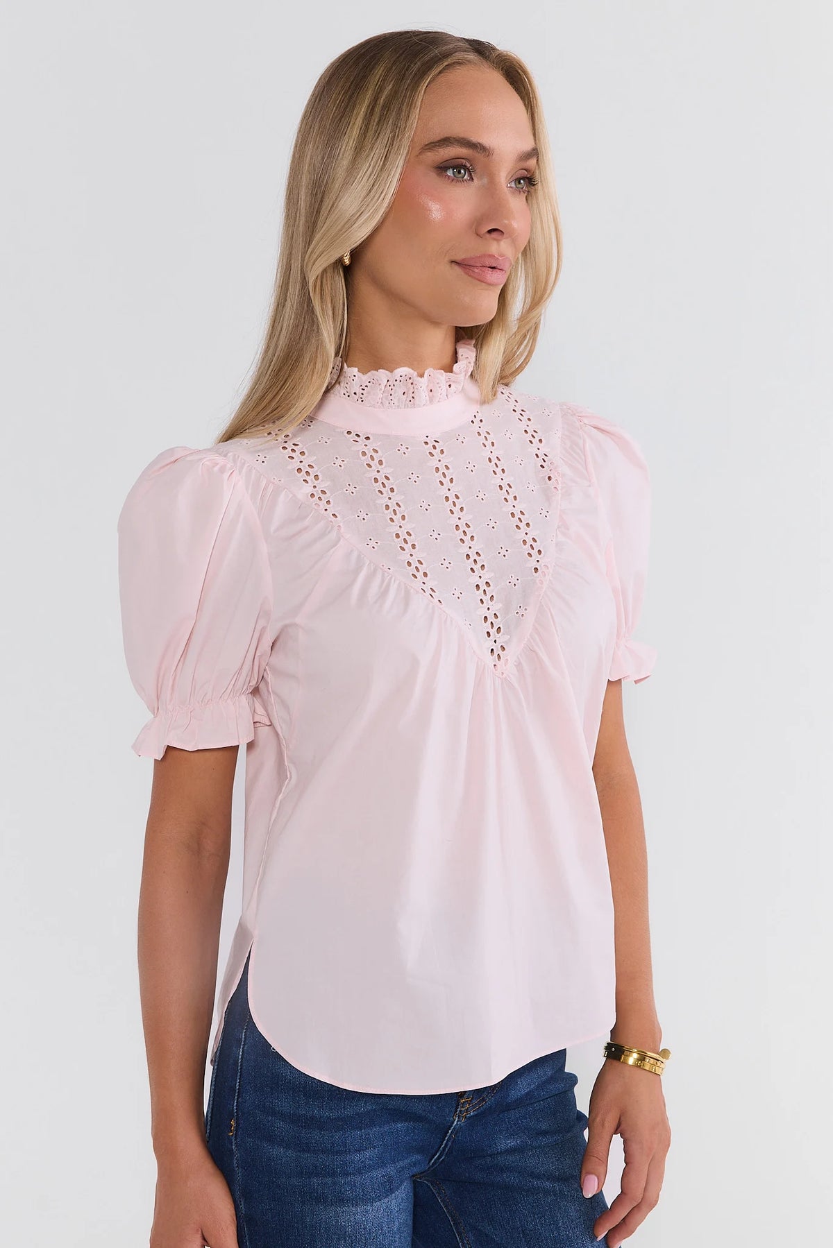 Pink Cotton Ruffle Collar Top - Three-Quarter Side View On Model | Avara