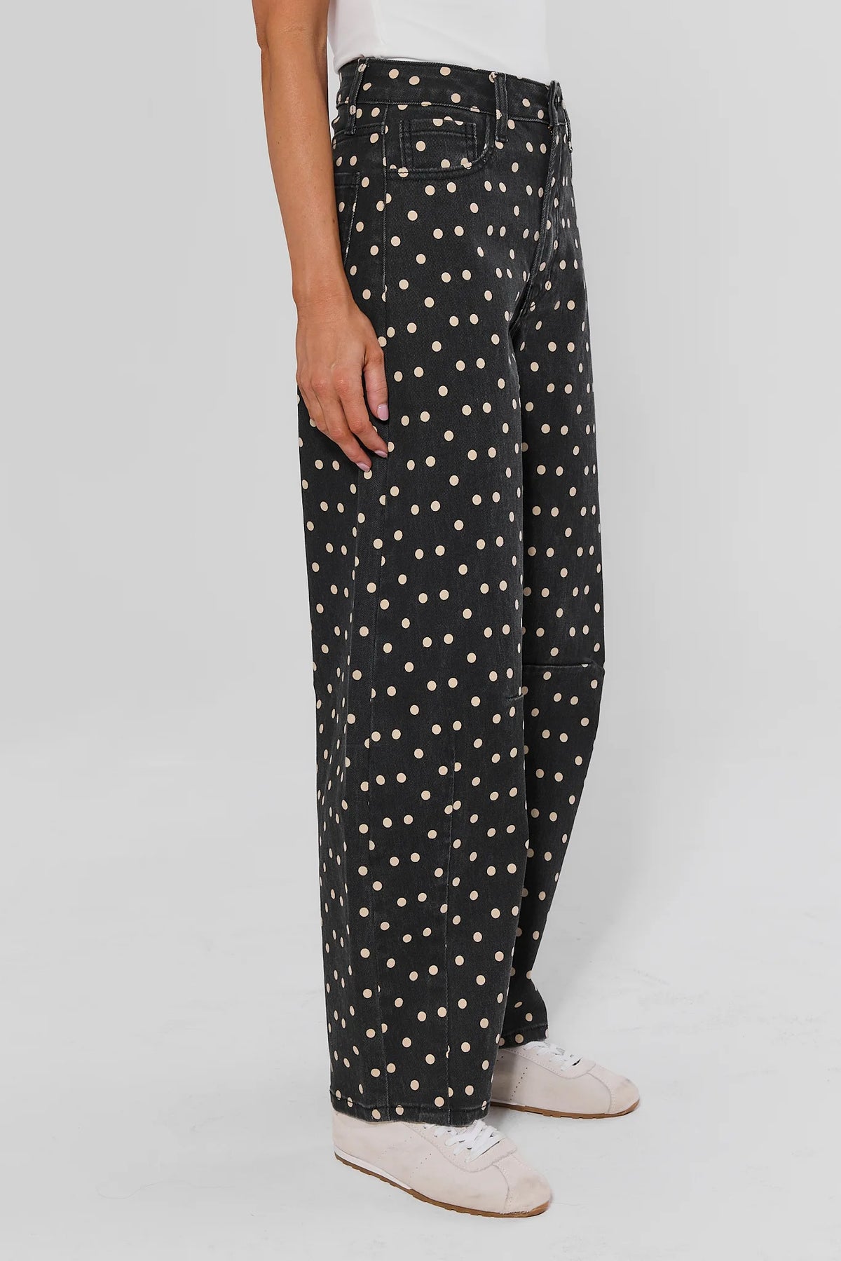 Black Polka Dot High-Rise Barrel Jeans - Side Profile View | Avara