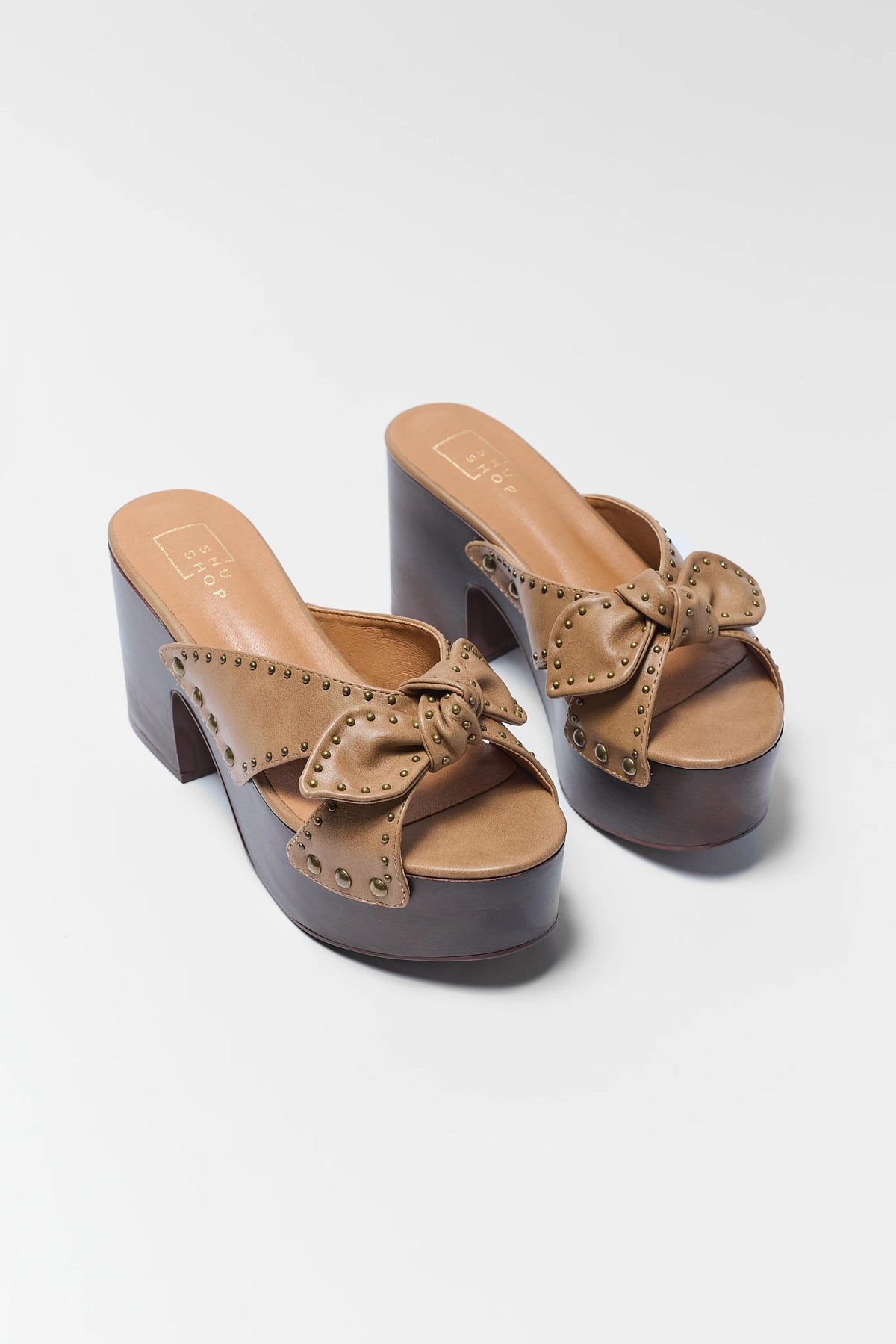 Brown Faux Leather Platform Heels - Pair Front View, Studded Bow Sandal | Avara