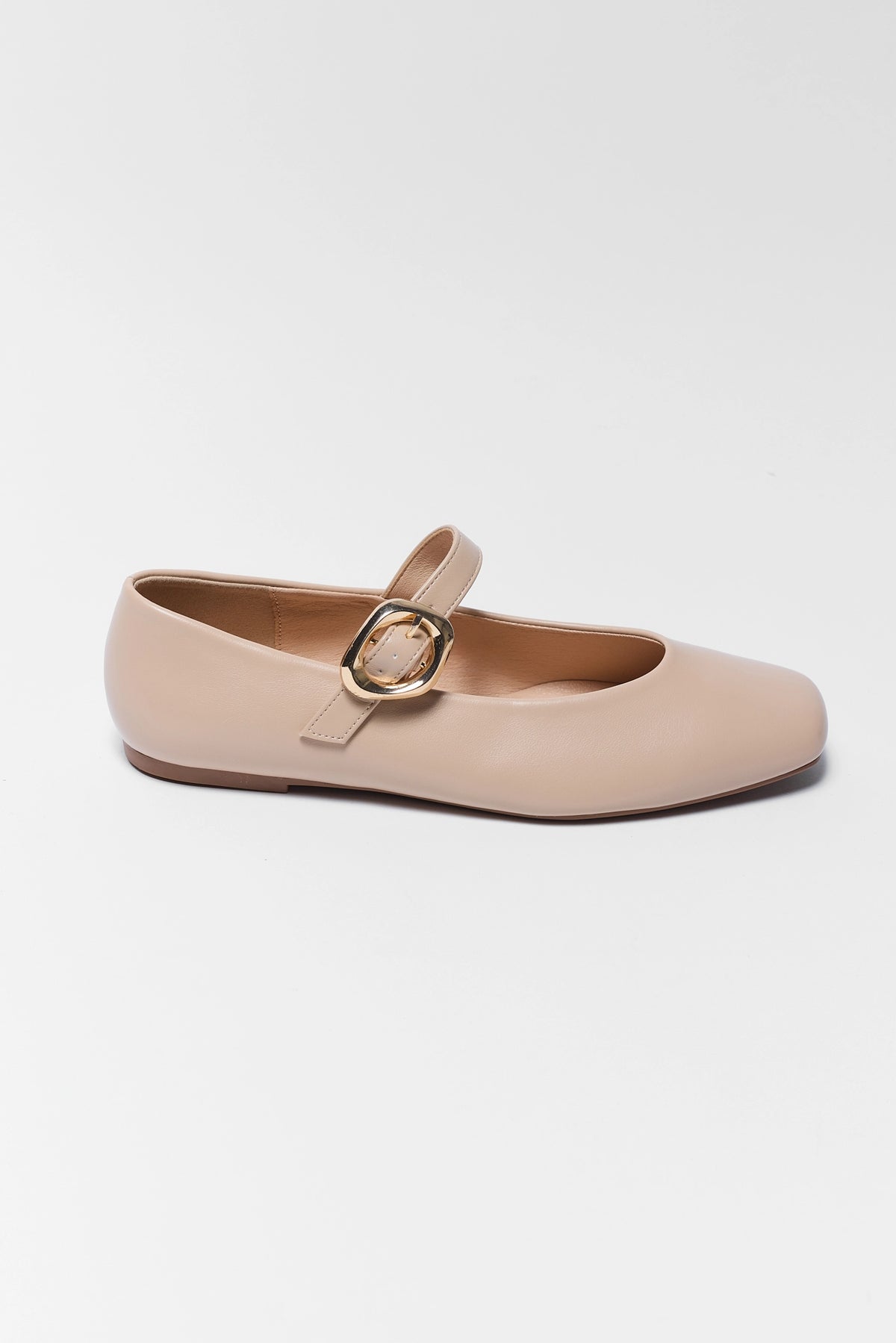 Cute Nude Buckle Strap Ballet Flats - Side Profile View | Avara