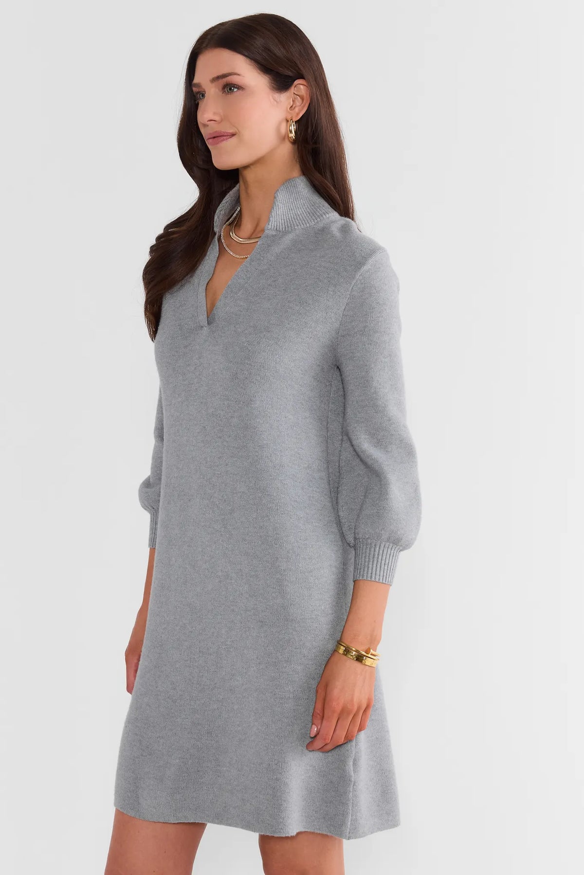 Gray Knit Short Dress - Side Angle View, A-Line Silhouette On Model | Avara