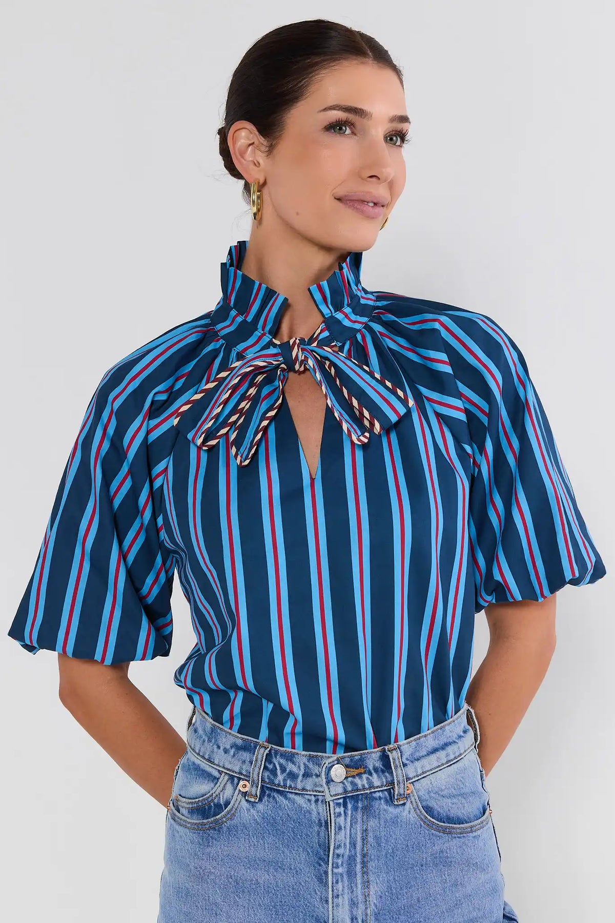 Navy Blue Striped Tie Neck Top Short Sleeve - Front View On Model | Avara