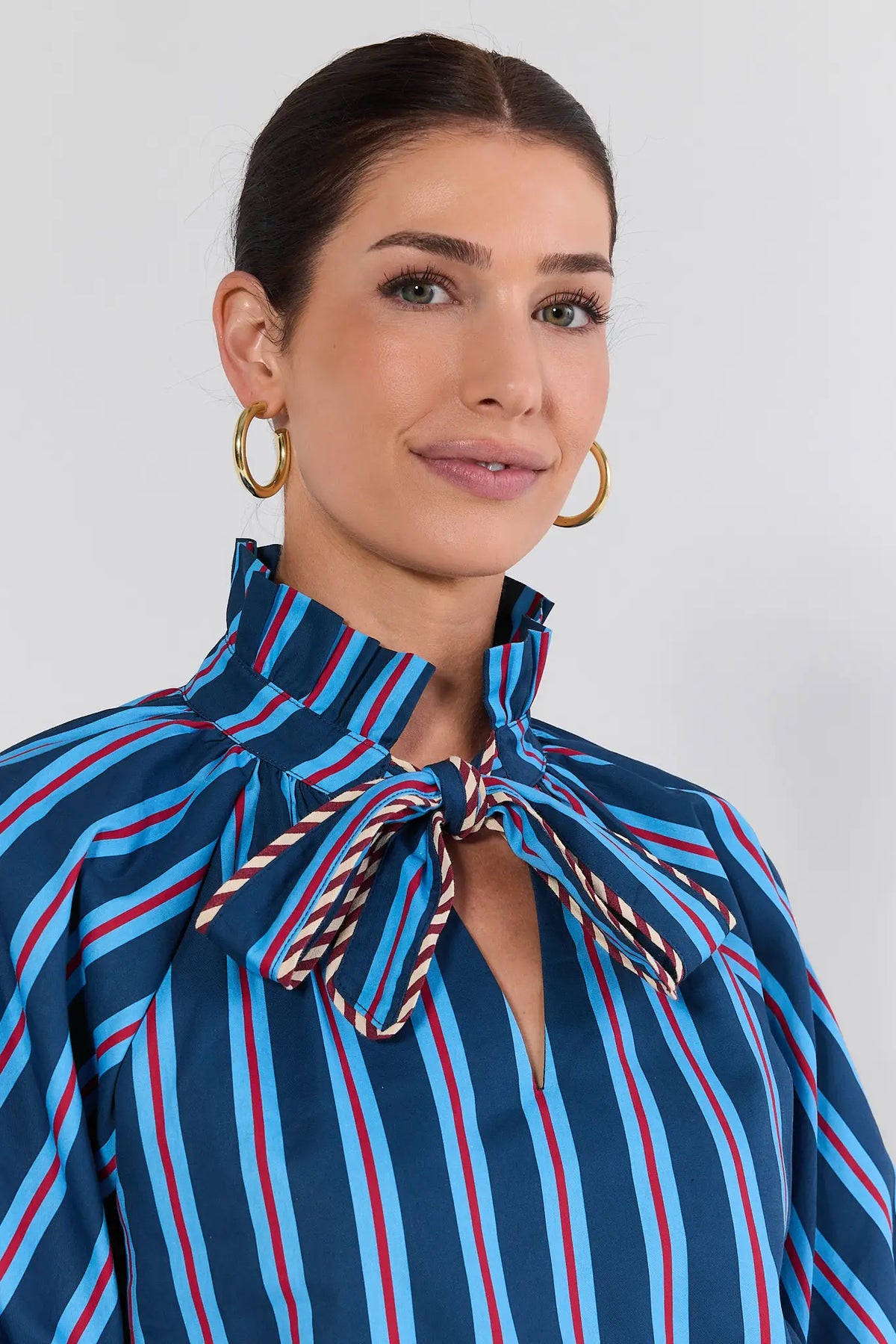 THML Blue Striped Top Ruffled Tie Neck - Close-Up Neckline Detail | Avara