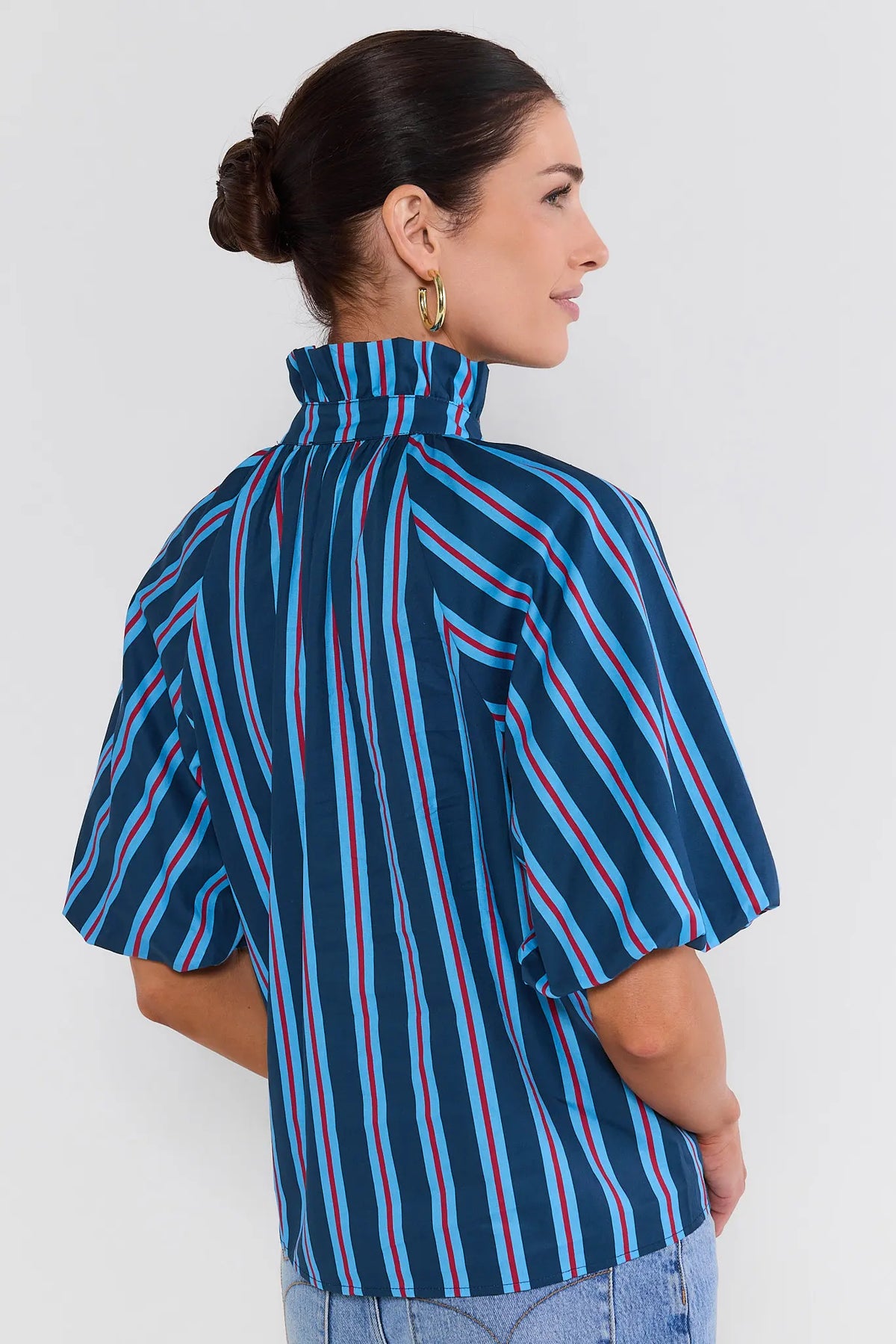 Navy Blue Striped Tie Neck Top Flutter Sleeve - Back View On Model | Avara