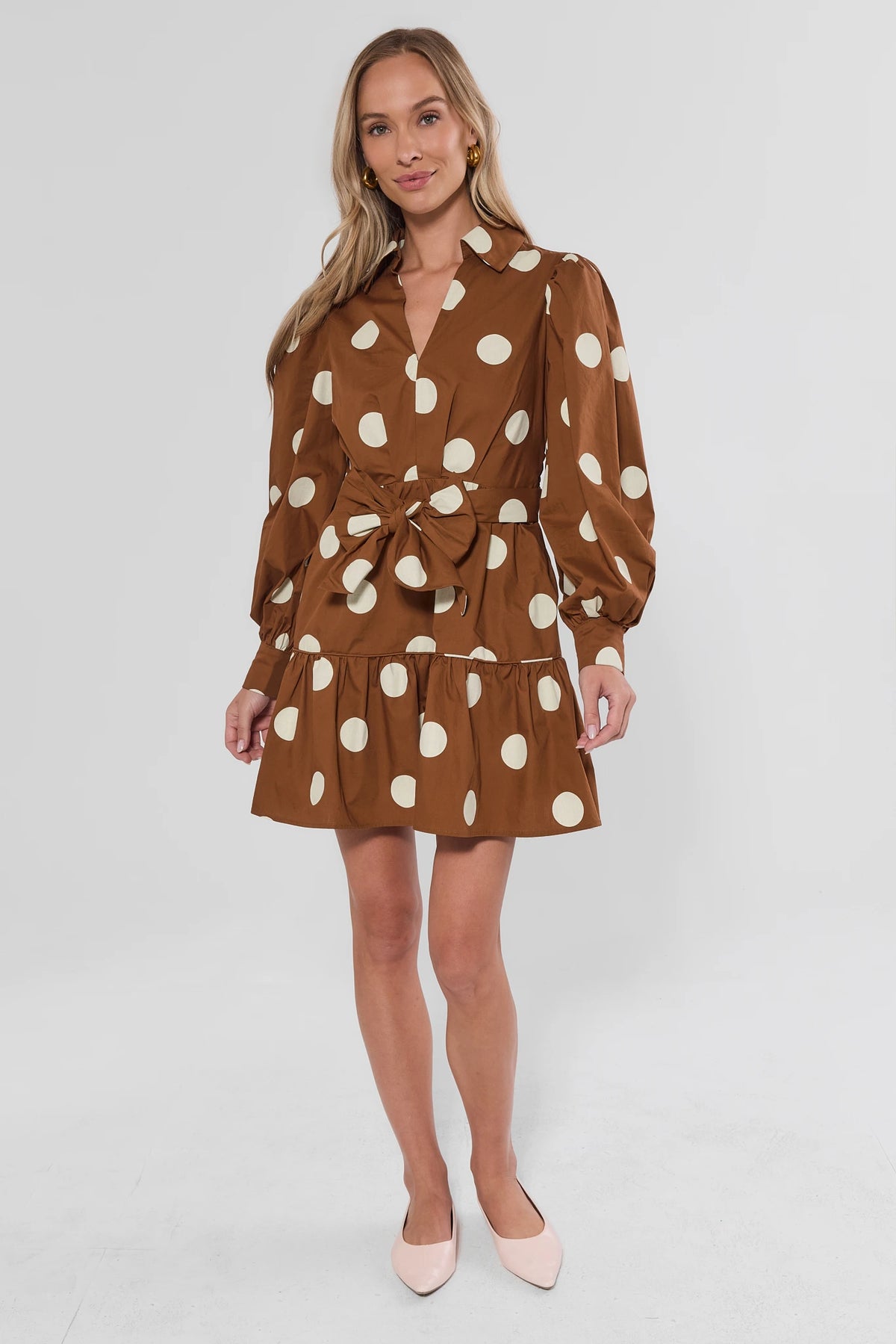 Brown Cotton Polka Dot A-Line Short Dress - Full Length Front View On Model | Avara
