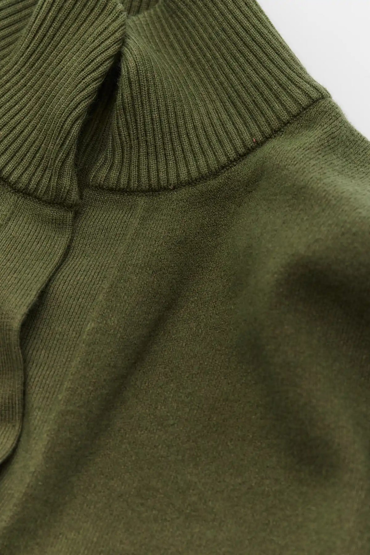 Olive Knit Sweater - Ribbed Collar and Soft Knit Fabric Texture Close-Up Detail | Avara