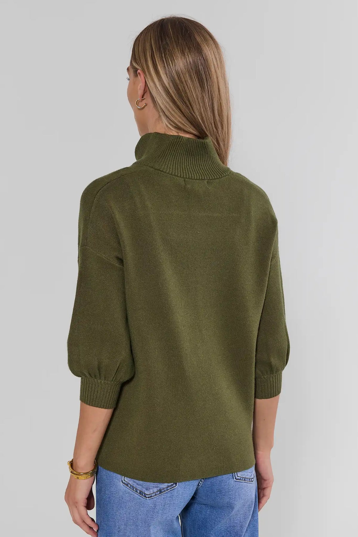 Olive Knit Sweater - On Model Back View, Relaxed Fit with Ribbed Collar and Cuffs | Avara