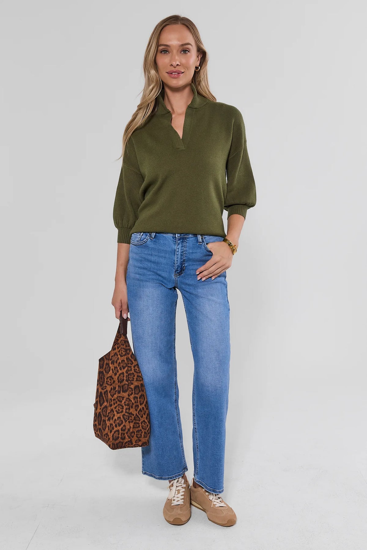 Olive Knit Sweater - Full-Length On Model Front View, Styled with Wide-Leg Jeans and Tote | Avara