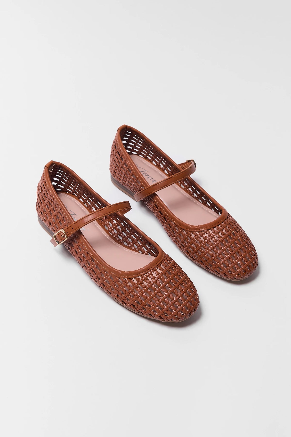 Brown Woven Faux Leather Ballet Flats - Angled Flat Lay Pair | Avara