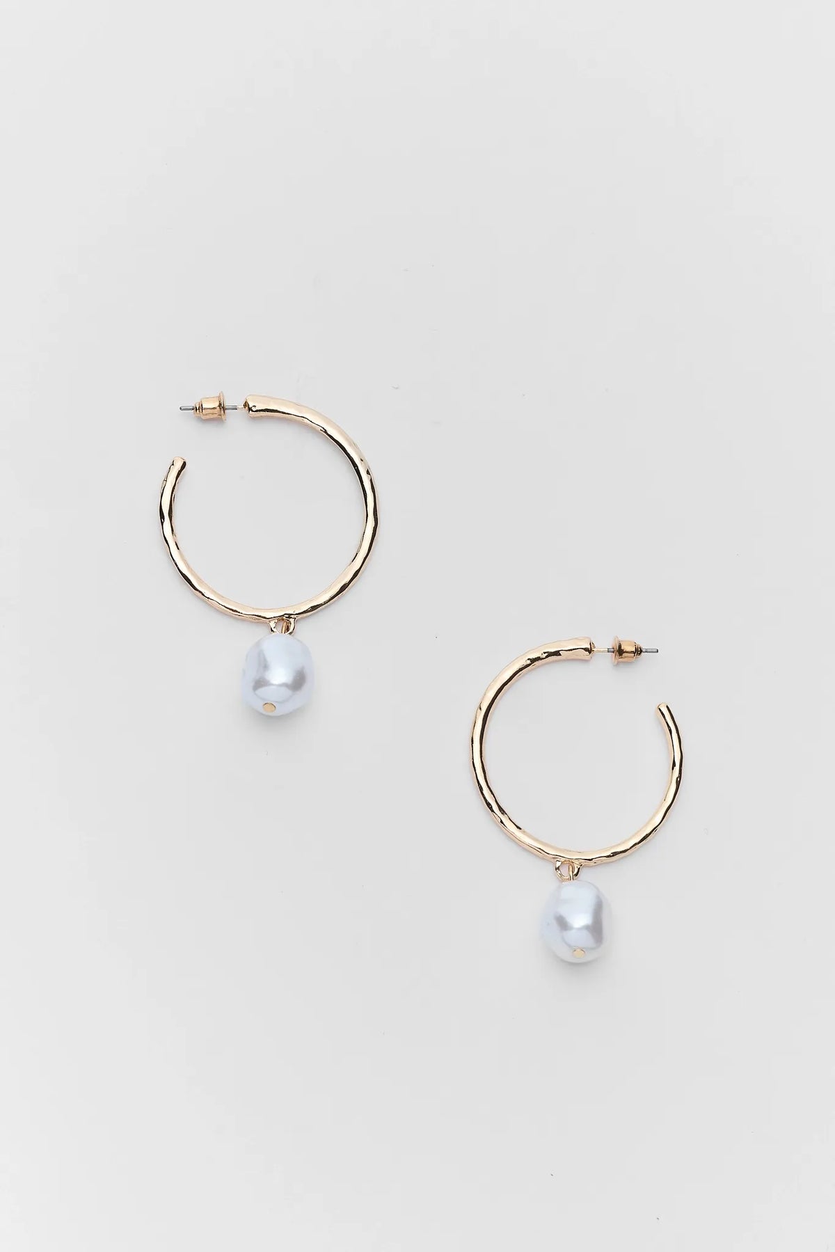 Gold Pearl Dangle Hoop Earrings - Flat Lay Pair | Avara
