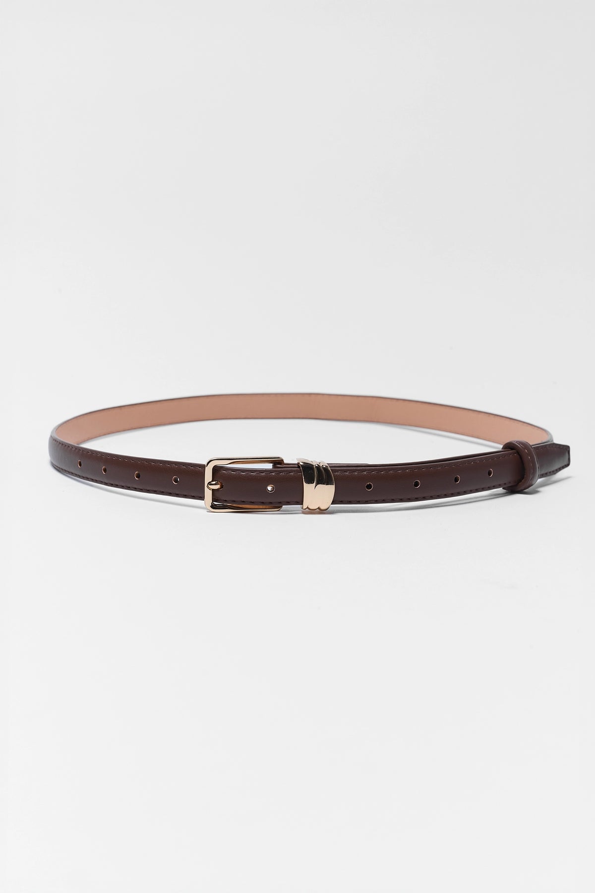 Dark Brown Faux Leather Stacked Loop Belt - Full Length Flat Lay with Gold Hardware | Avara