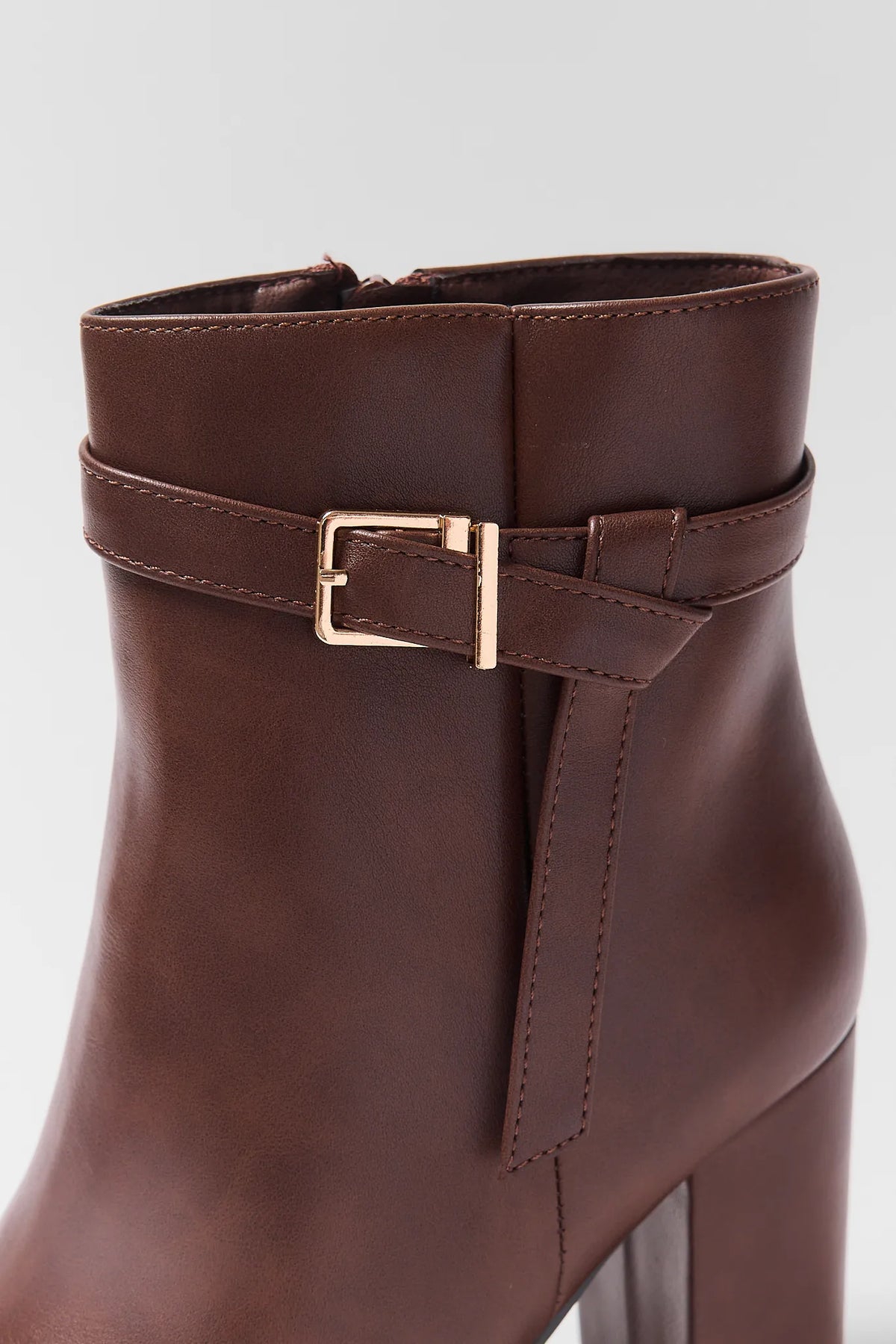 Brown Faux Leather Ankle Boot - Gold Buckle Strap Detail Close-Up | Avara