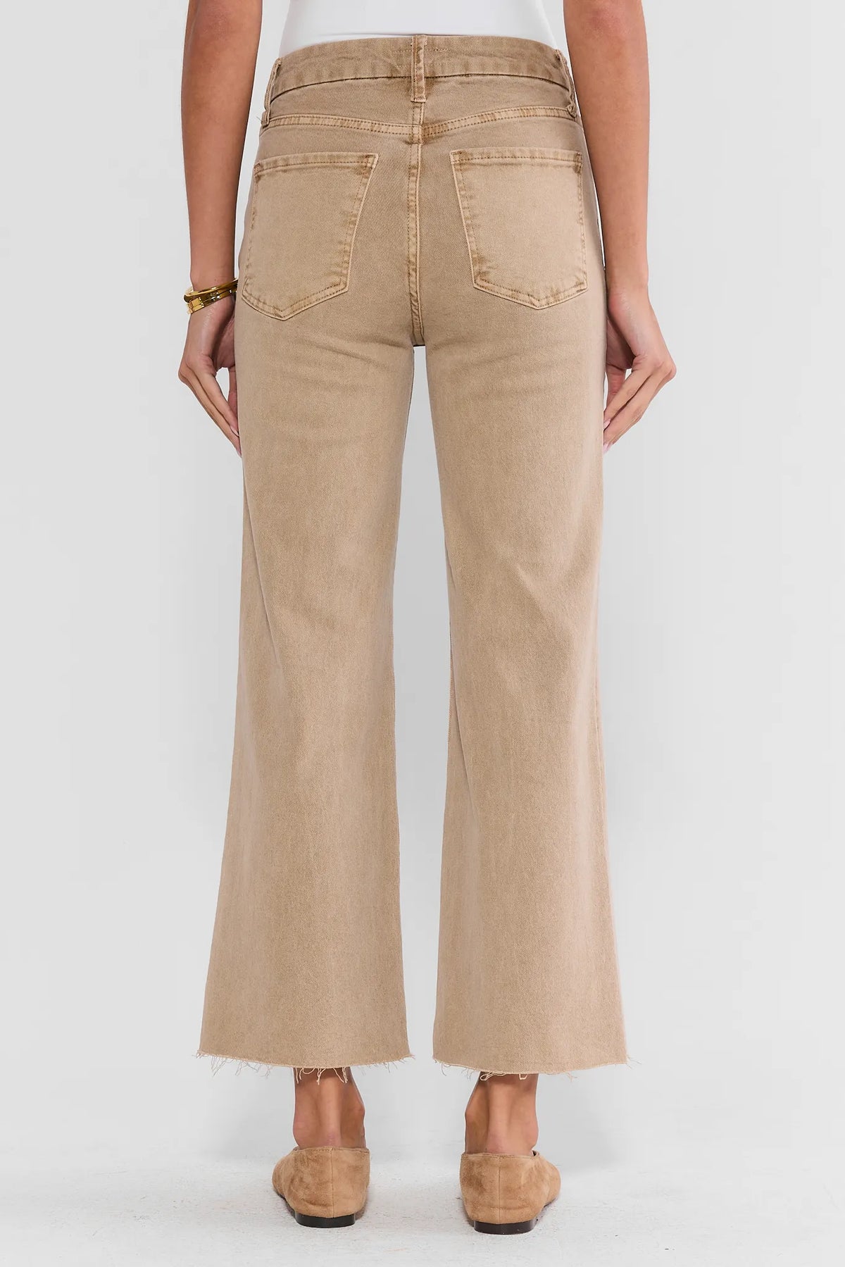 Tan Wide Leg Jeans - Back View, Back Pockets & Raw Hem | Avara