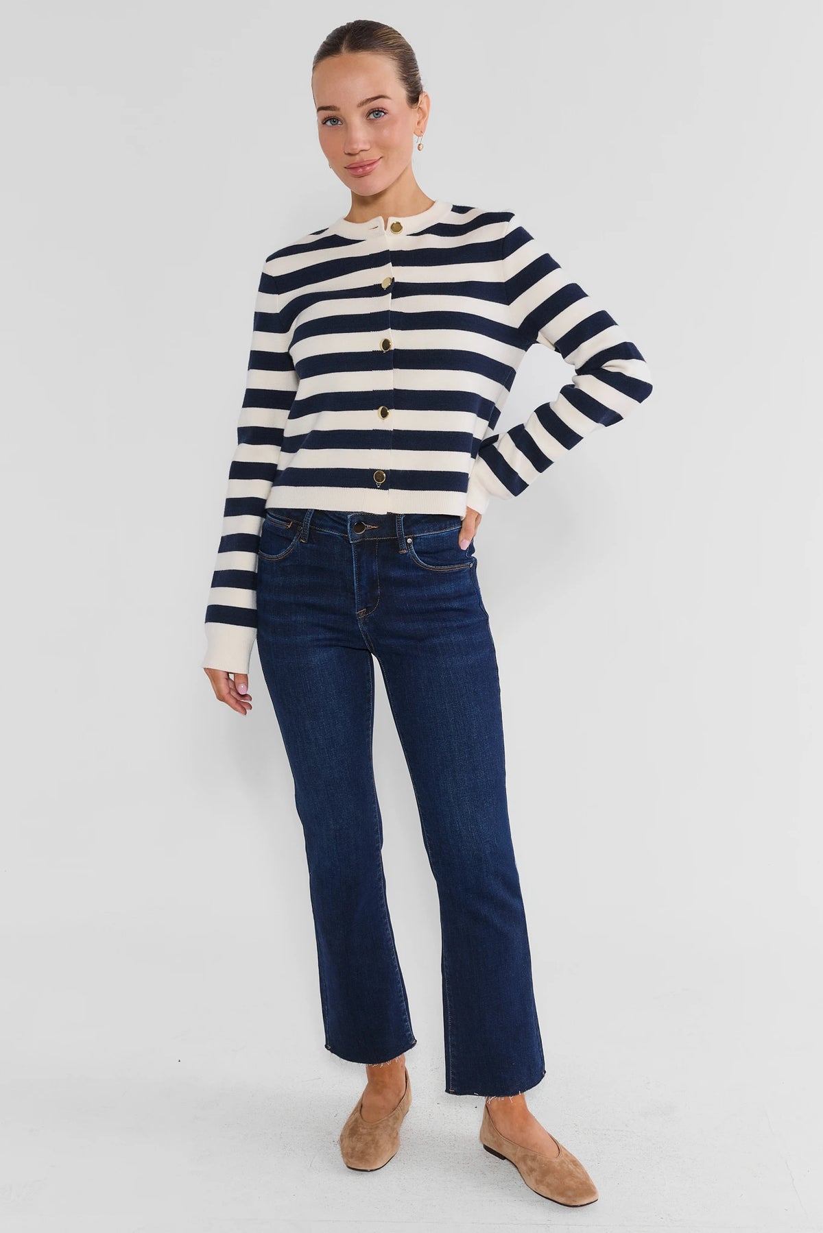 Becca Dark Wash Kick Flare Jeans - Full Length Styled Look with Navy Striped Cardigan | Avara