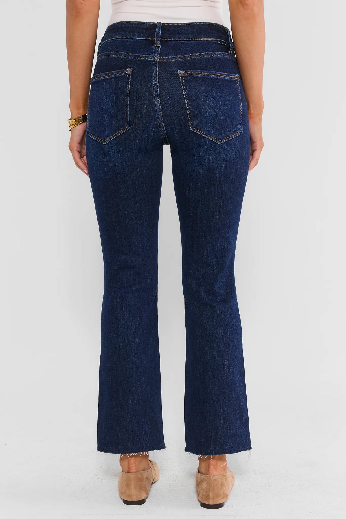 Dark Wash Kick Flare Jeans - Back View Showing Flare Silhouette, Back Pockets & Raw Hem | Avara