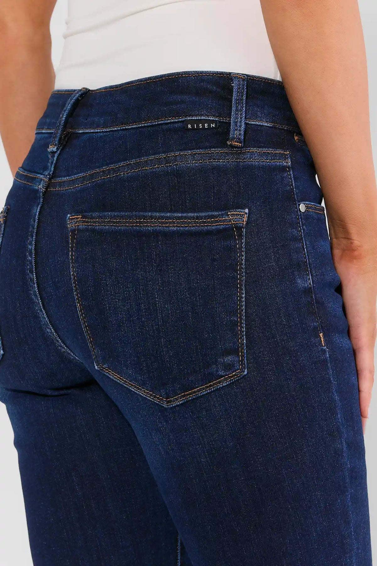 Becca Dark Wash Cropped Jeans - Back Pocket & Risen Brand Label Close-Up Detail | Avara