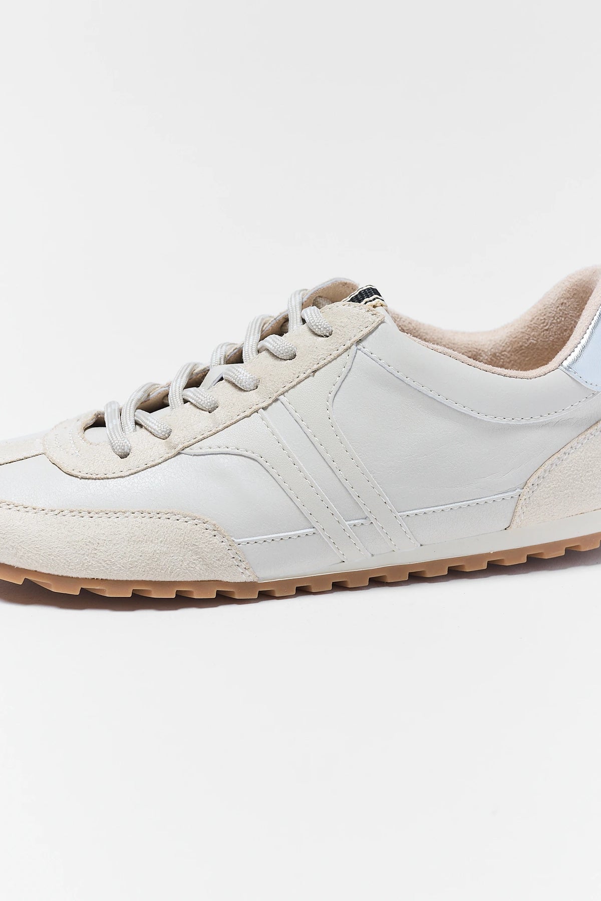 White Faux-Suede Lace-Up Sneaker, Gum Sole Close-Up Detail | Avara