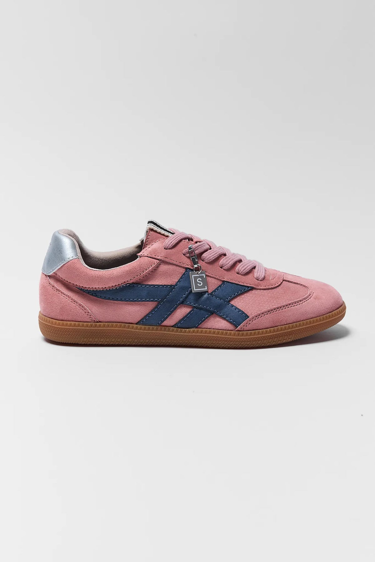 Pink faux suede lace-up sneaker with navy stripe and gum sole - Side Profile, trendy women's shoes | Avara