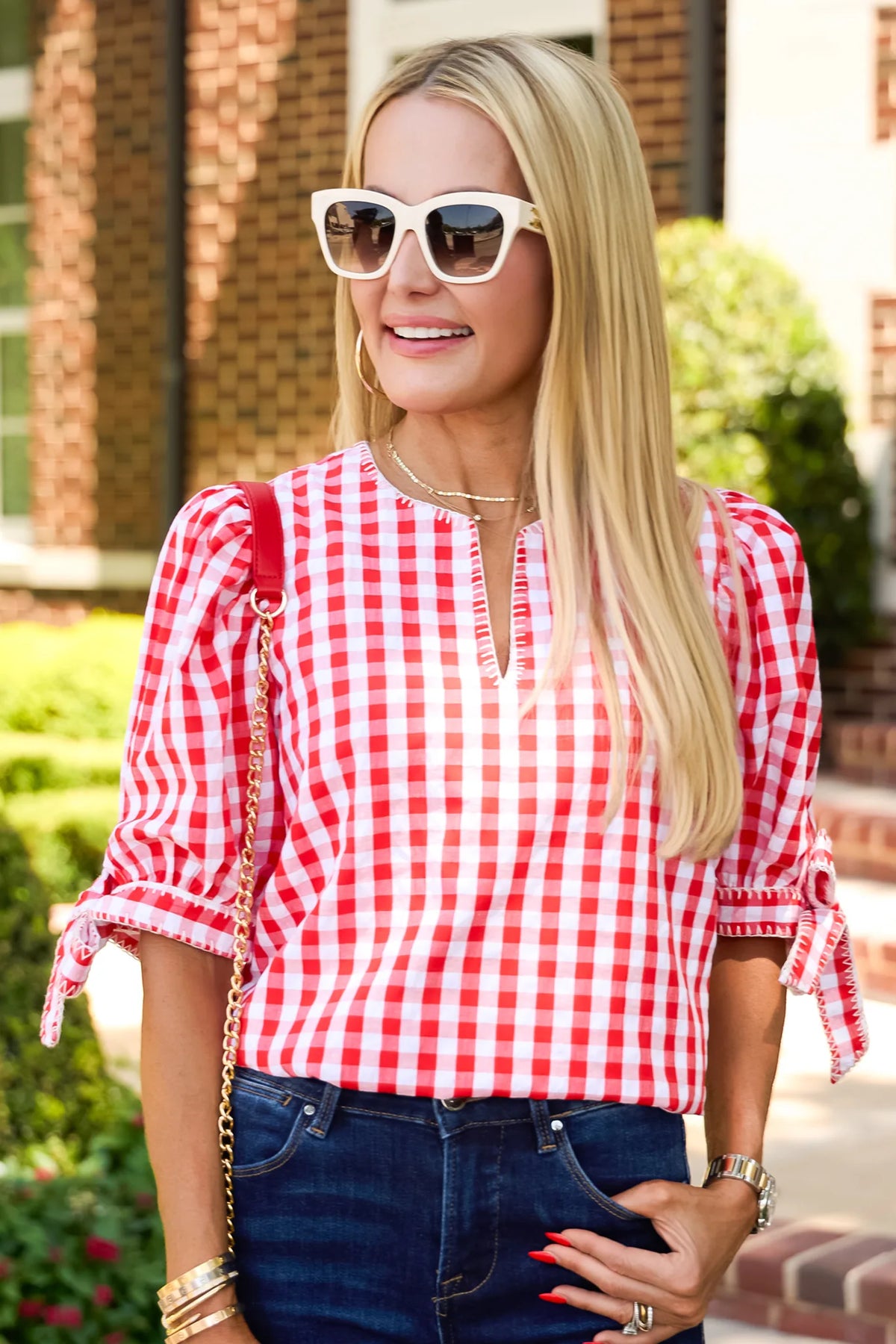 Scarlett Red Gingham Puff Sleeve Top - Lifestyle Front View, Styled with Jeans | Avara