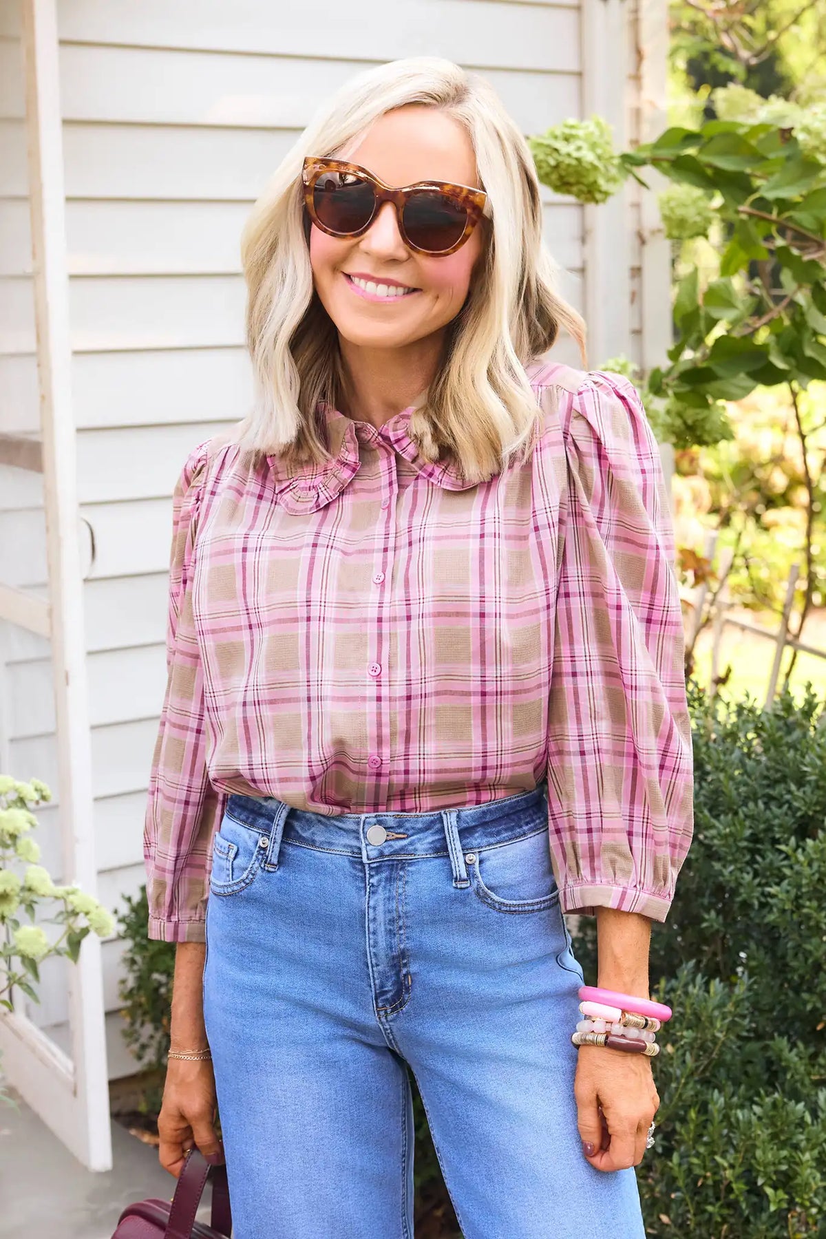 Pink Multi Plaid Collared Top - Styled Outdoor Look with Wide Leg Jeans | Avara