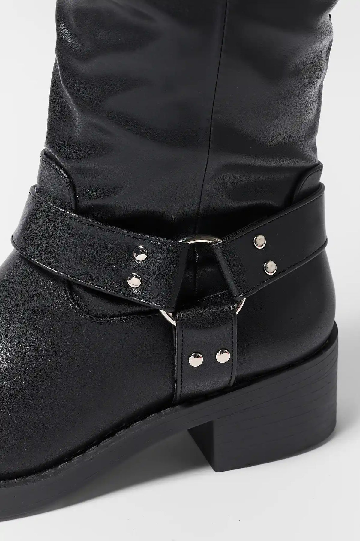 Black Faux Leather Boot Silver Stud Harness Strap Hardware Close-Up Detail | Avara