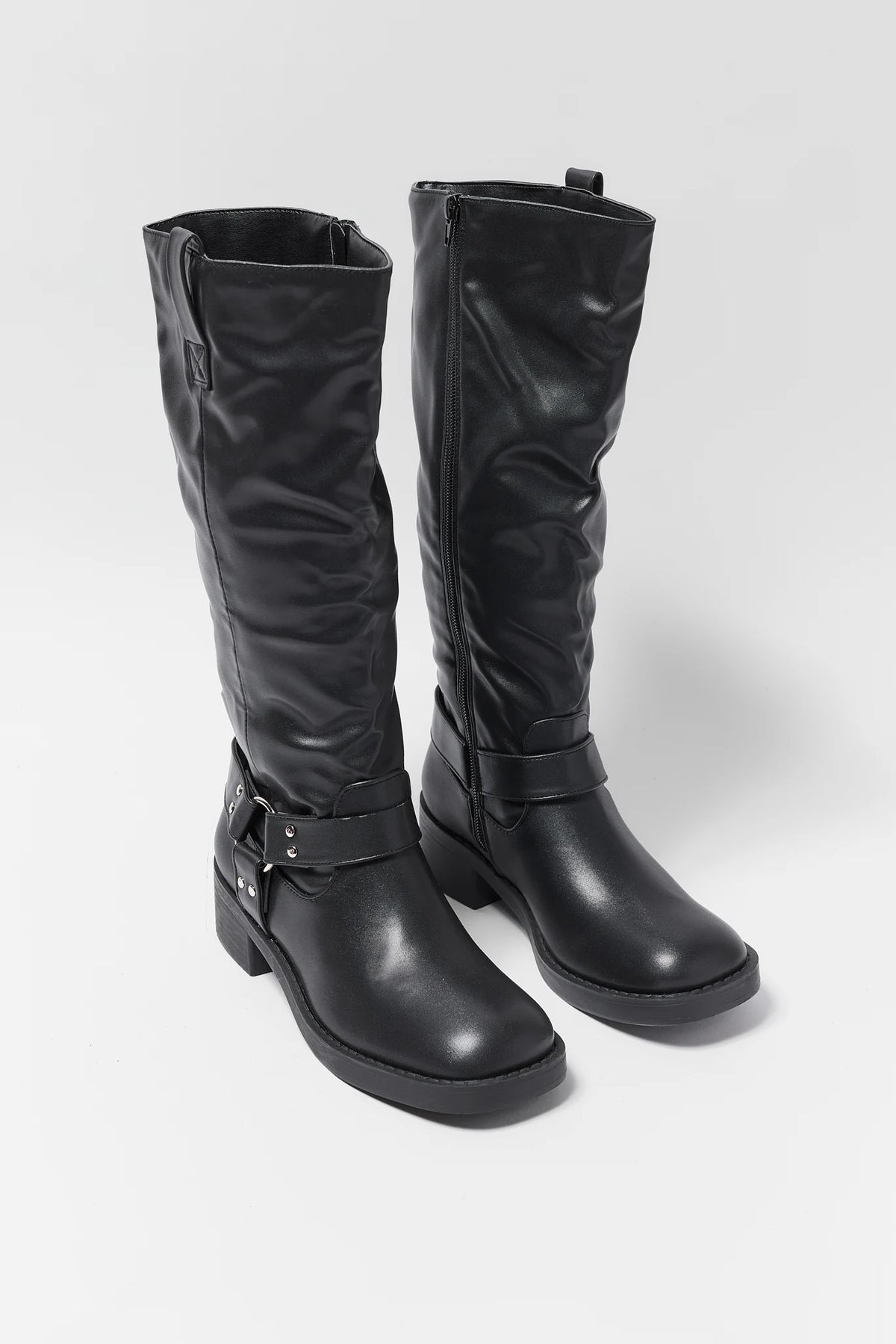Black Faux Leather Knee-High Boots with Silver Harness Hardware - Pair View | Avara