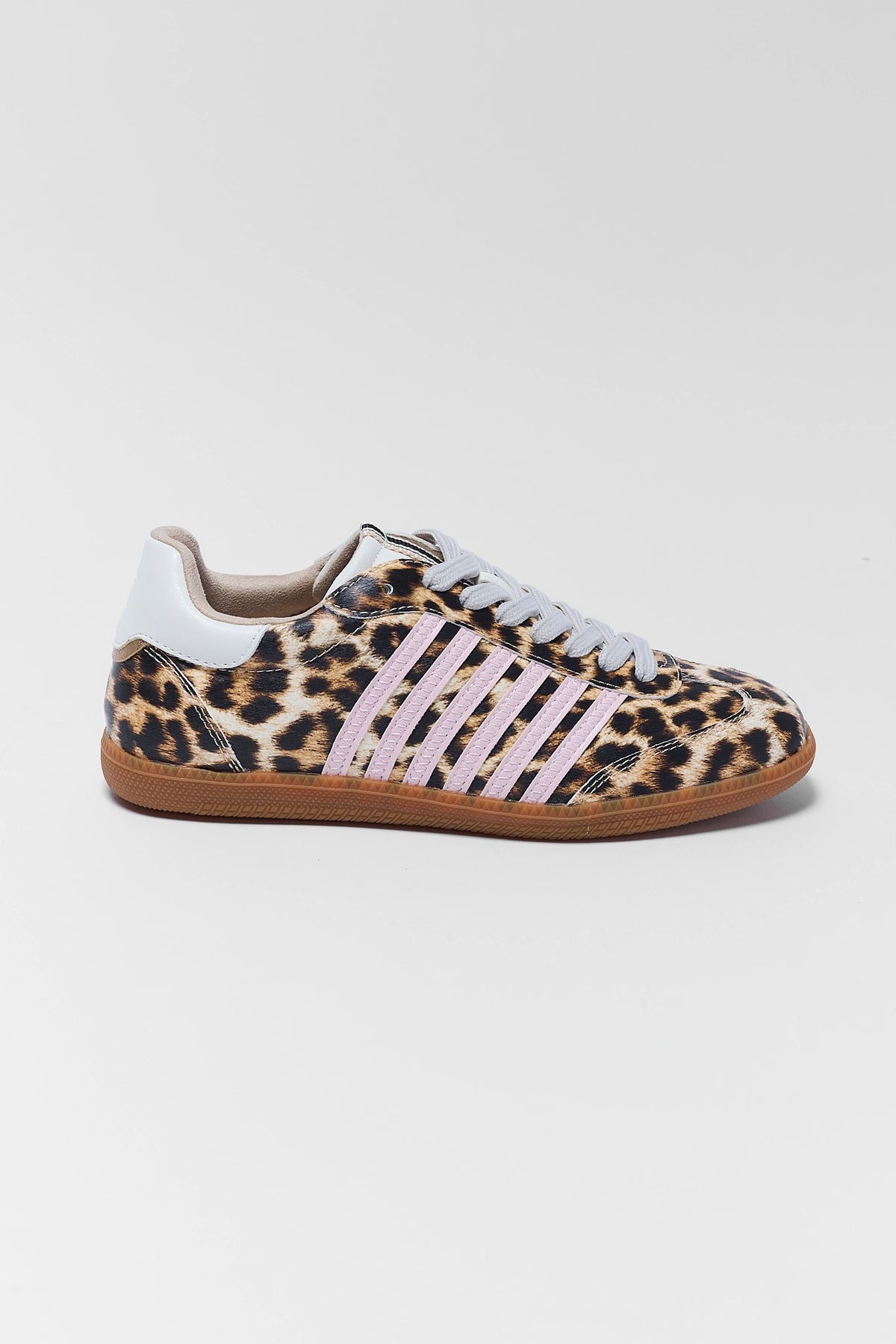 Stevie Leopard Striped Sneakers, side profile view, pink suede stripes, white heel tab, gum sole, women's sneakers | Avara